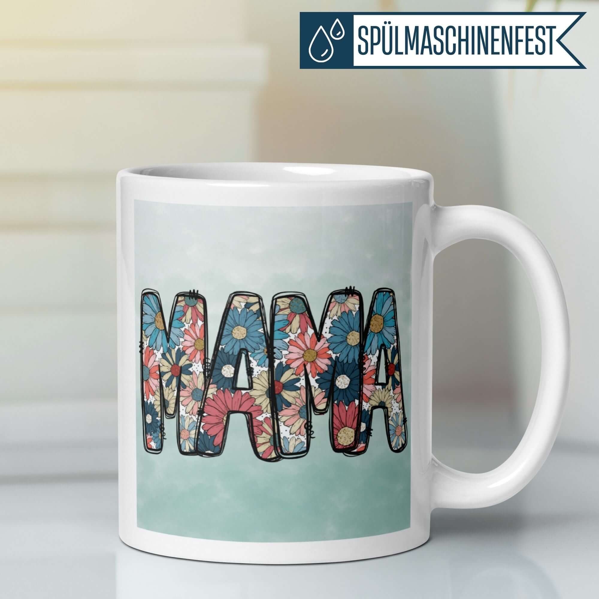 Bunte Mama-Tasse mit Blumenmuster auf Mint, ideal als Geschenk für Muttertag oder Geburtstag.