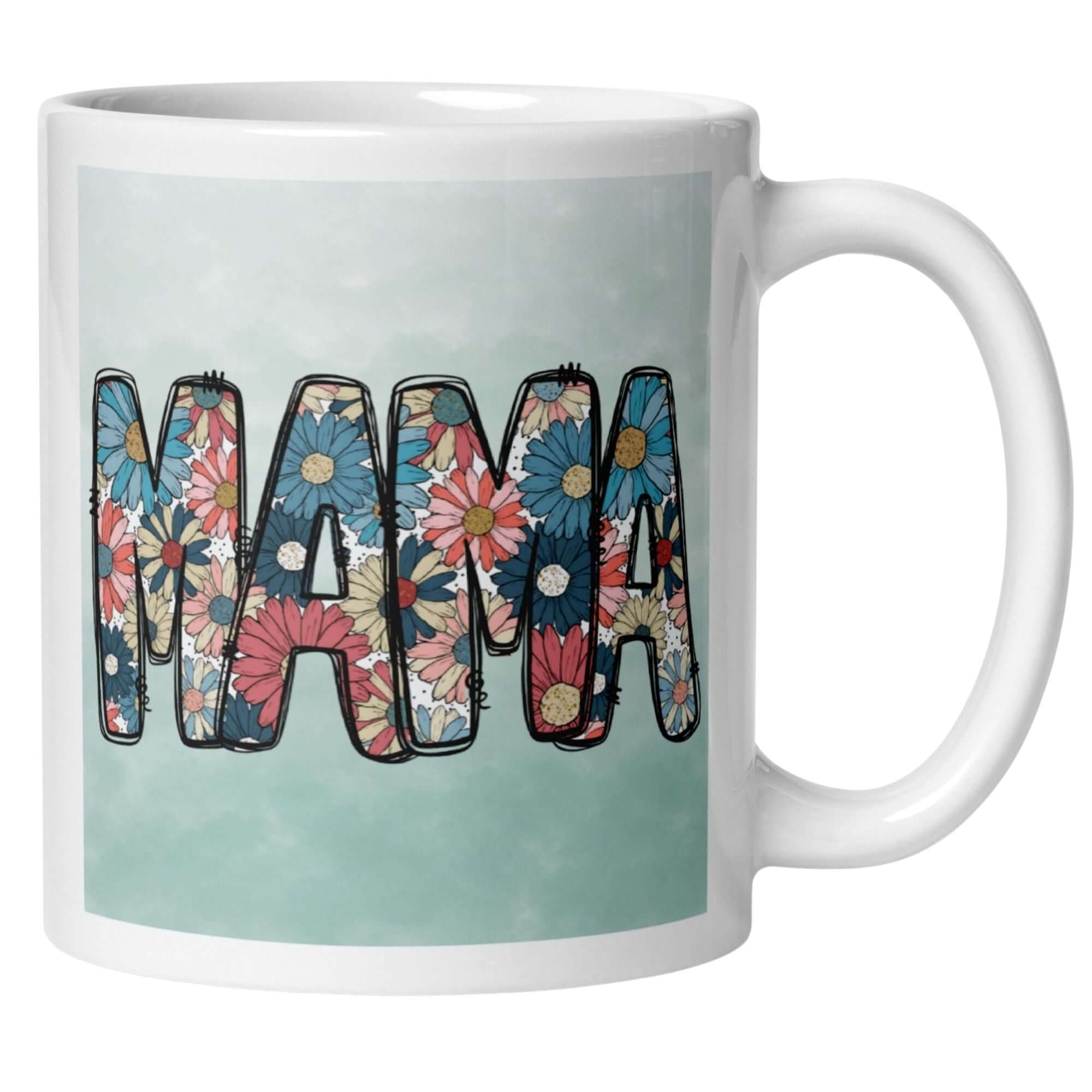 Bunte Mama-Tasse mit Blumenmuster im Skizzenstil auf mintgrünem Hintergrund.