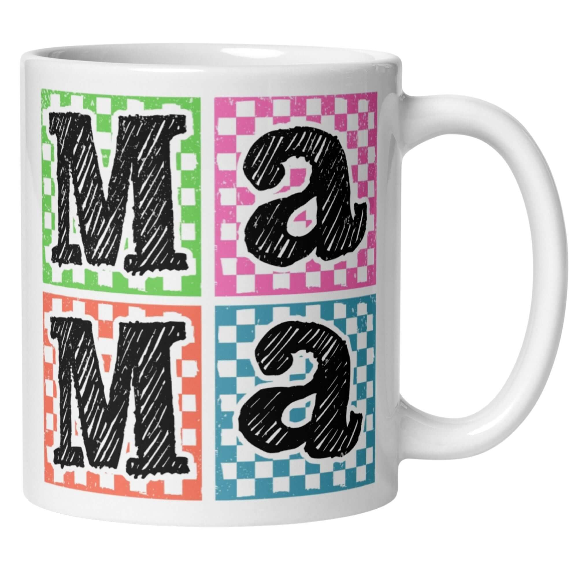 Bunte Tasse Mama mit Karomuster in leuchtenden Farben: Grün, Pink, Orange und Blau. Perfekt für einen energischen Look!