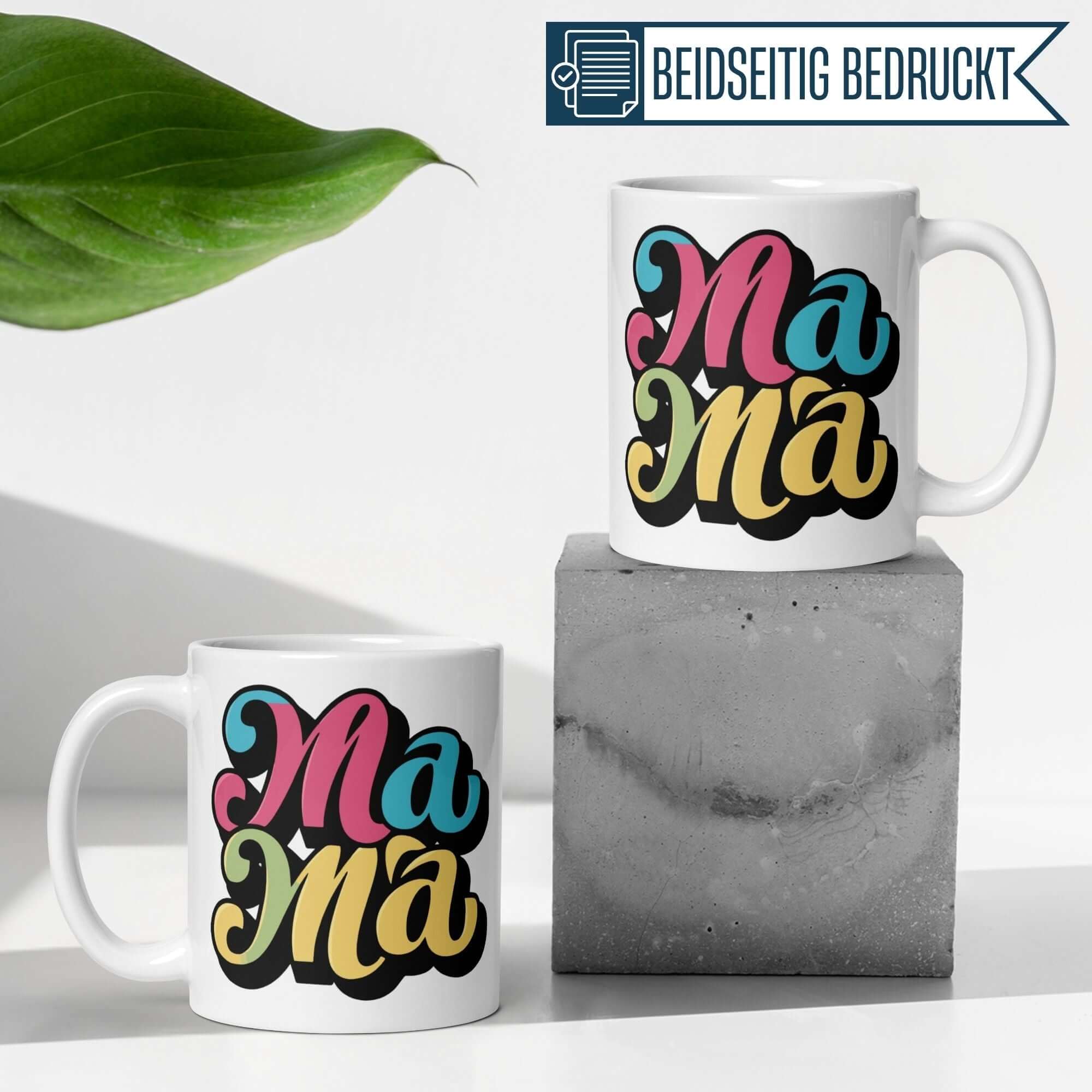 Bunte Mama-Tassen im Retro-Design, perfekt für fröhliche Frühstücke und Geschenkideen.