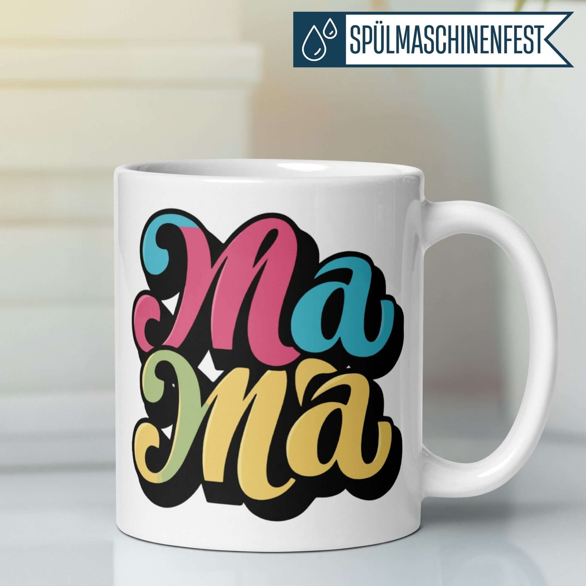 Bunte Retro Mama-Tasse mit lebhaftem Schriftzug in Pink, Blau und Gelb, ideal als Geschenk für Mütter.