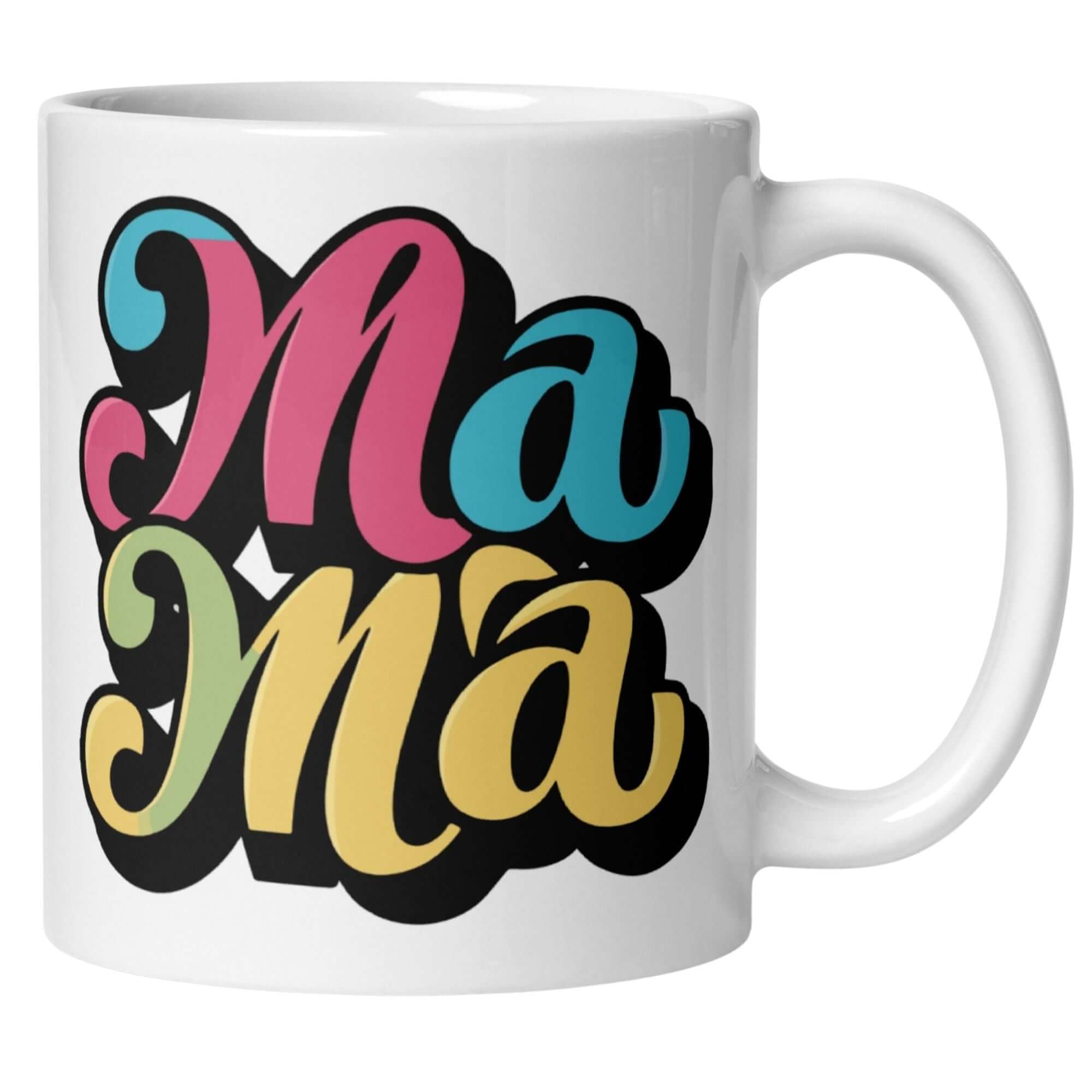 Farbenfrohe Mama-Tasse mit retro Schriftzug in Pink, Blau, Gelb und Schwarz, ideal für fröhliche Frühstücksmomente.