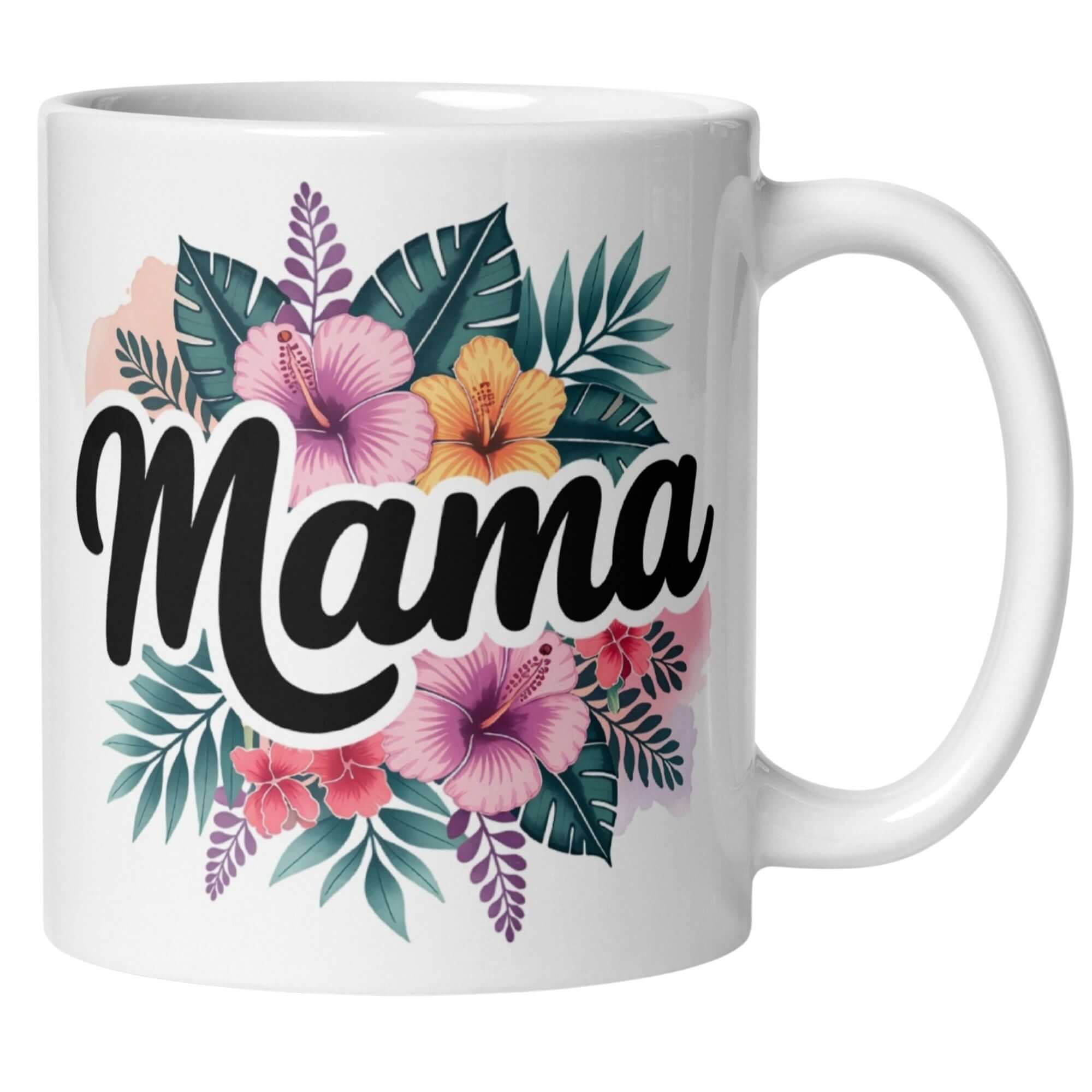 Momentals® Tasse Mama mit Hibiskusblüten und tropischem Design, ideal für Geschenke.