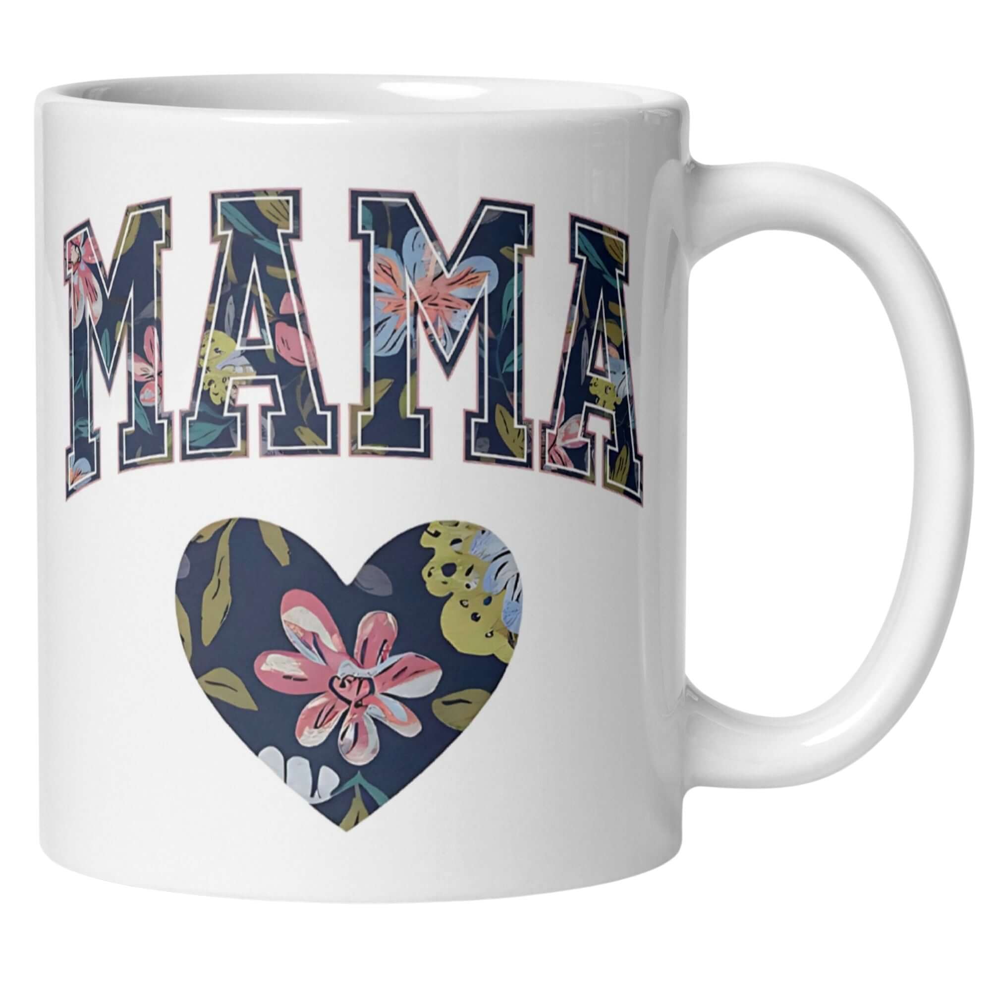 Momentals® Tasse für Mama mit floralem Herz-Muster und sportlichem College-Schriftzug.