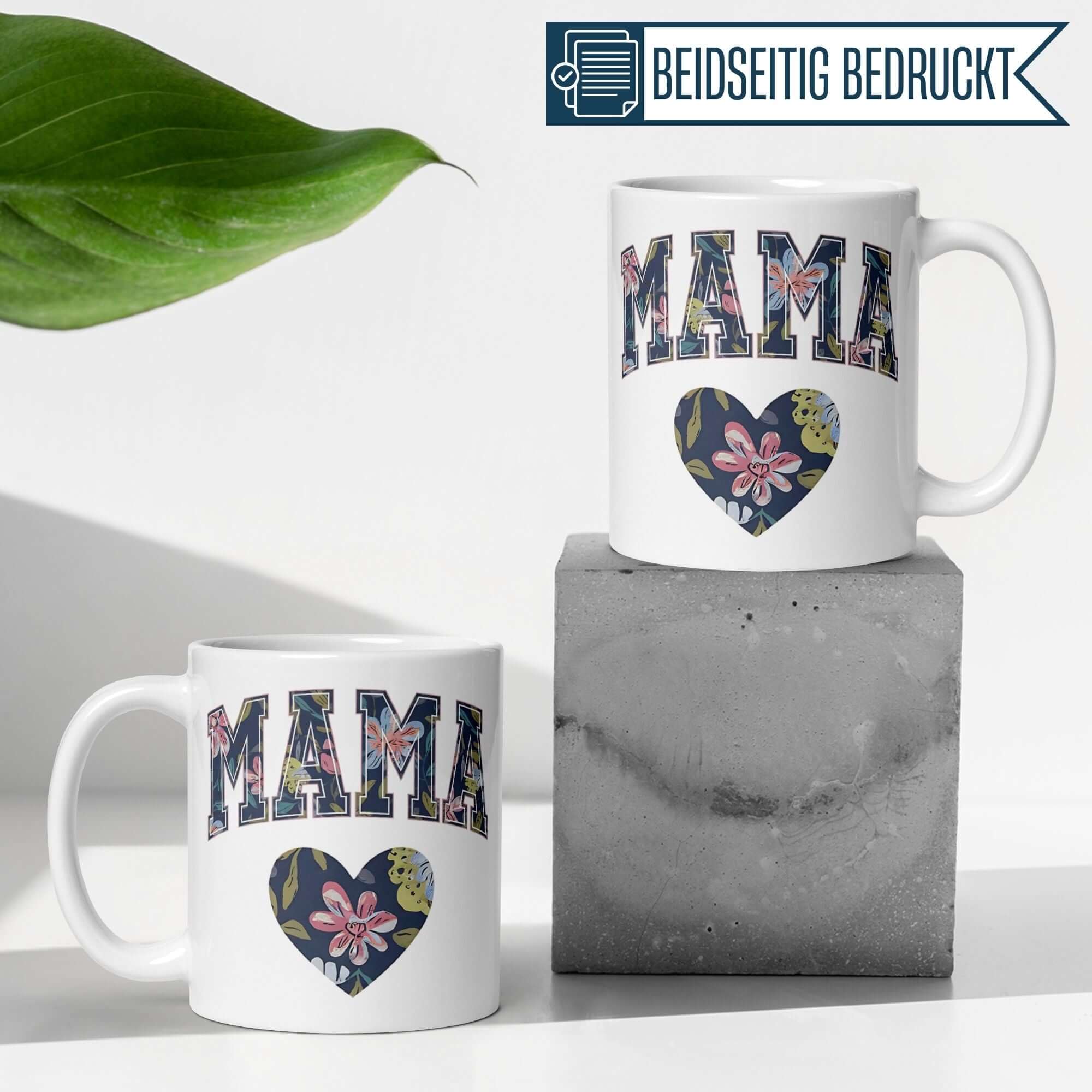 Stylish Momentals® coffee mugs with 'MAMA' print and floral heart design, showcasing Miami vibes and elegance.