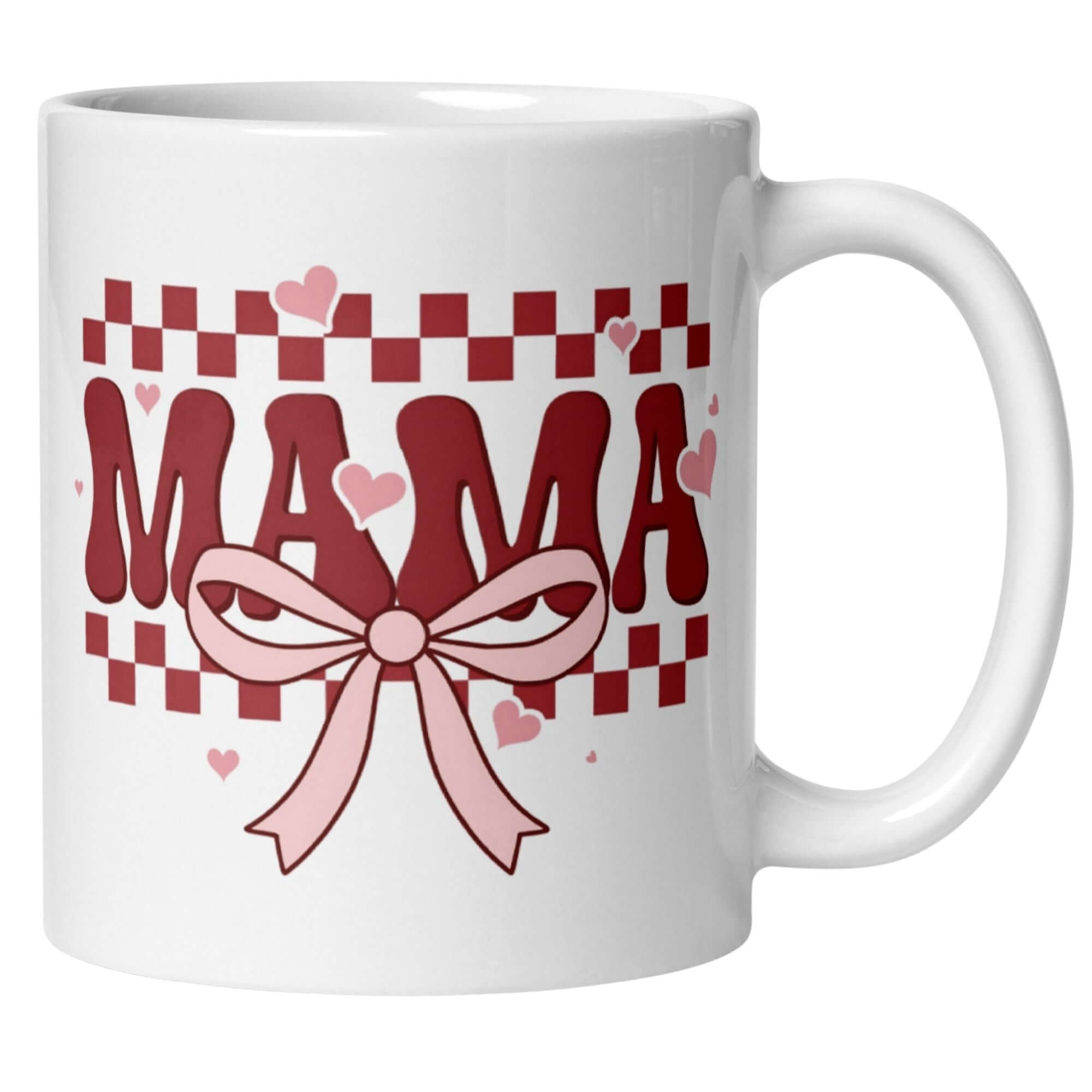 Momentals® Tasse Mama in Retro Rot-Rosa mit Herzen und Schleife, ideal für Geschenke und den Frühstückstisch.