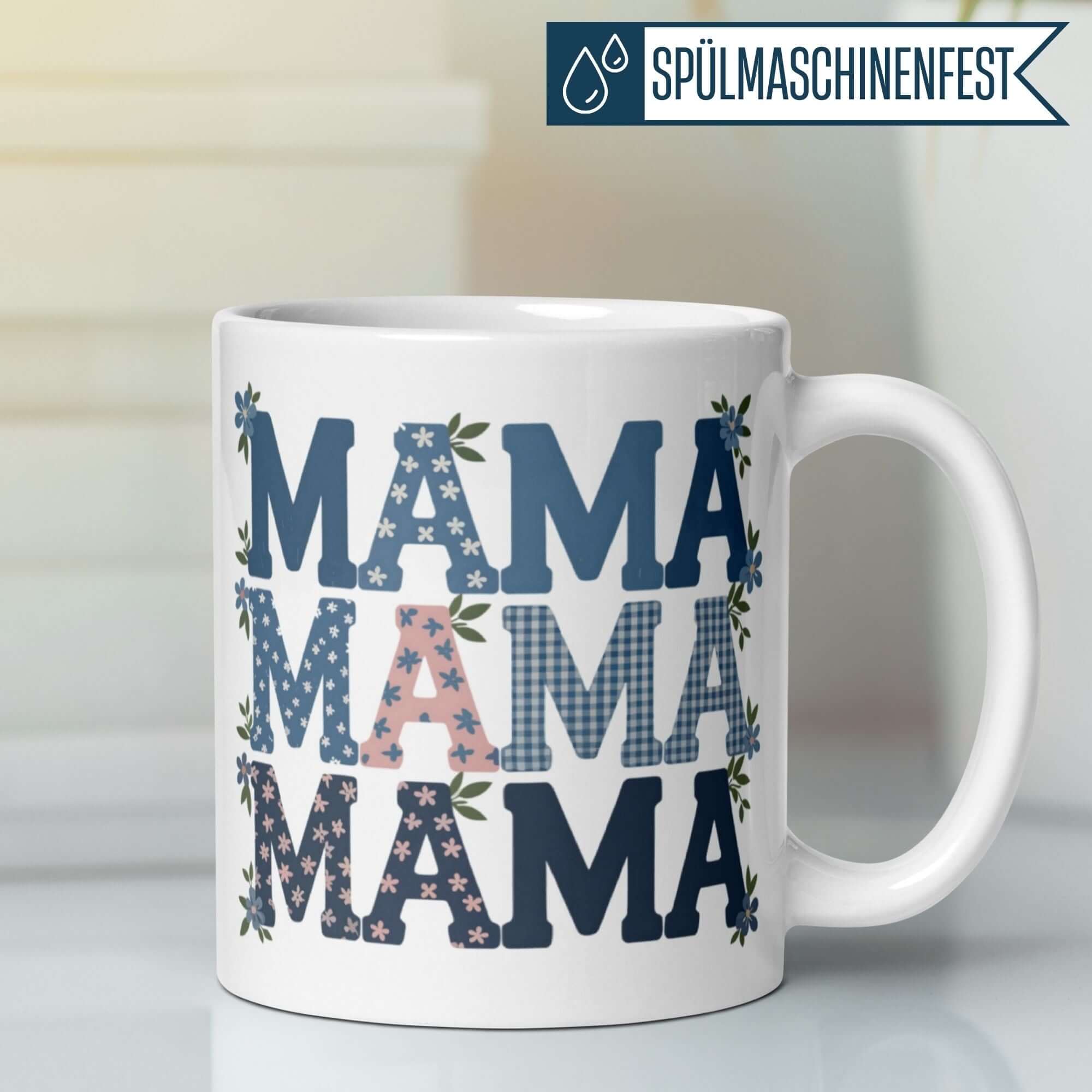 Momentals Tasse für Mama mit karierten und floralem Design, ideal als Geschenk für besondere Anlässe.
