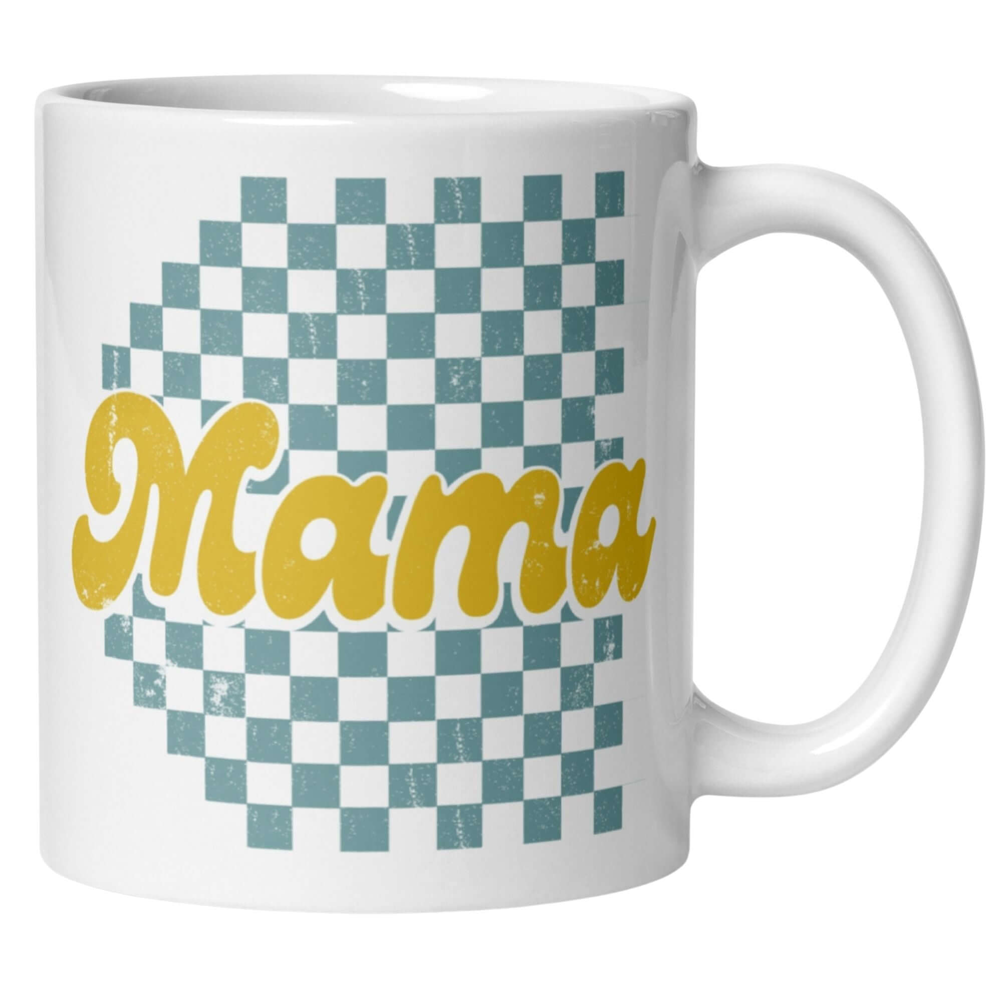 Momentals® Tasse mit gelbem Schriftzug 'Mama' auf blauem Checkerboard-Muster, stylisch und retro.