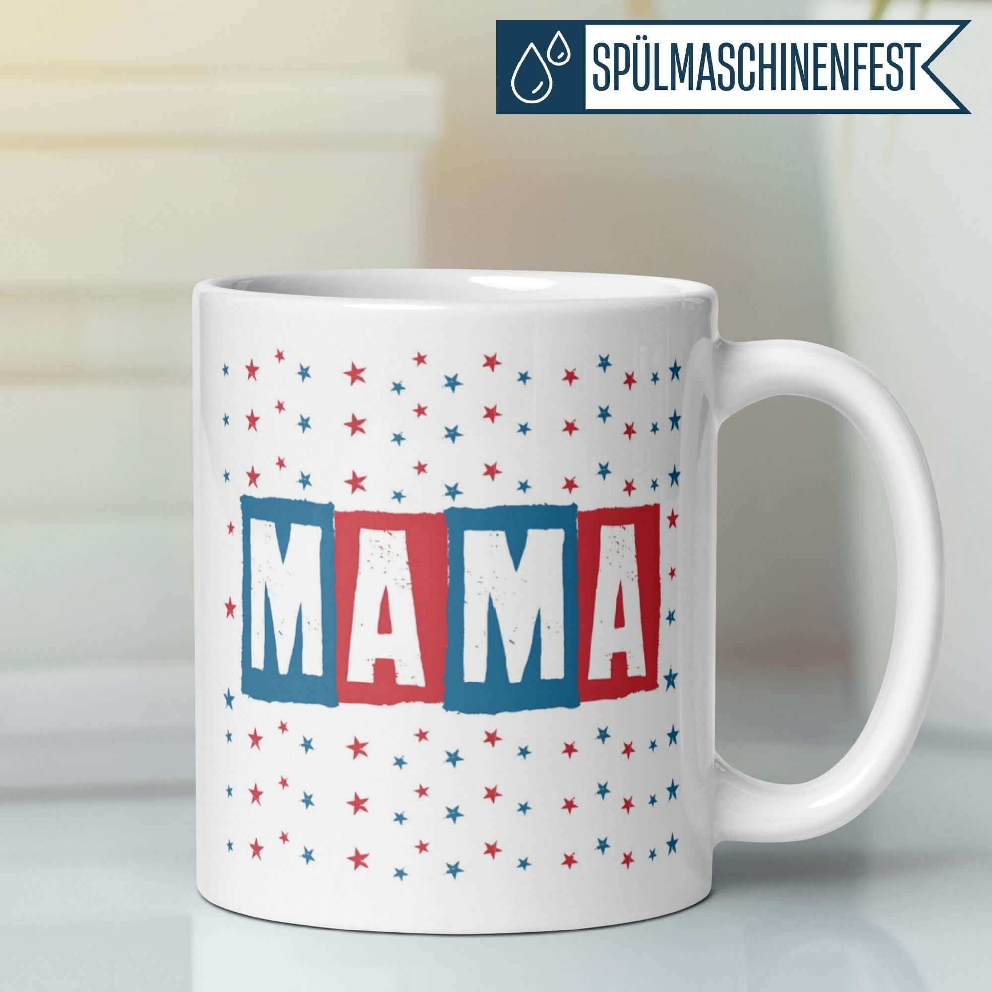 Momentals® Tasse Mama mit bunten Sternen, Retro-Blockstil und knalligen Farben für moderne Mütter.