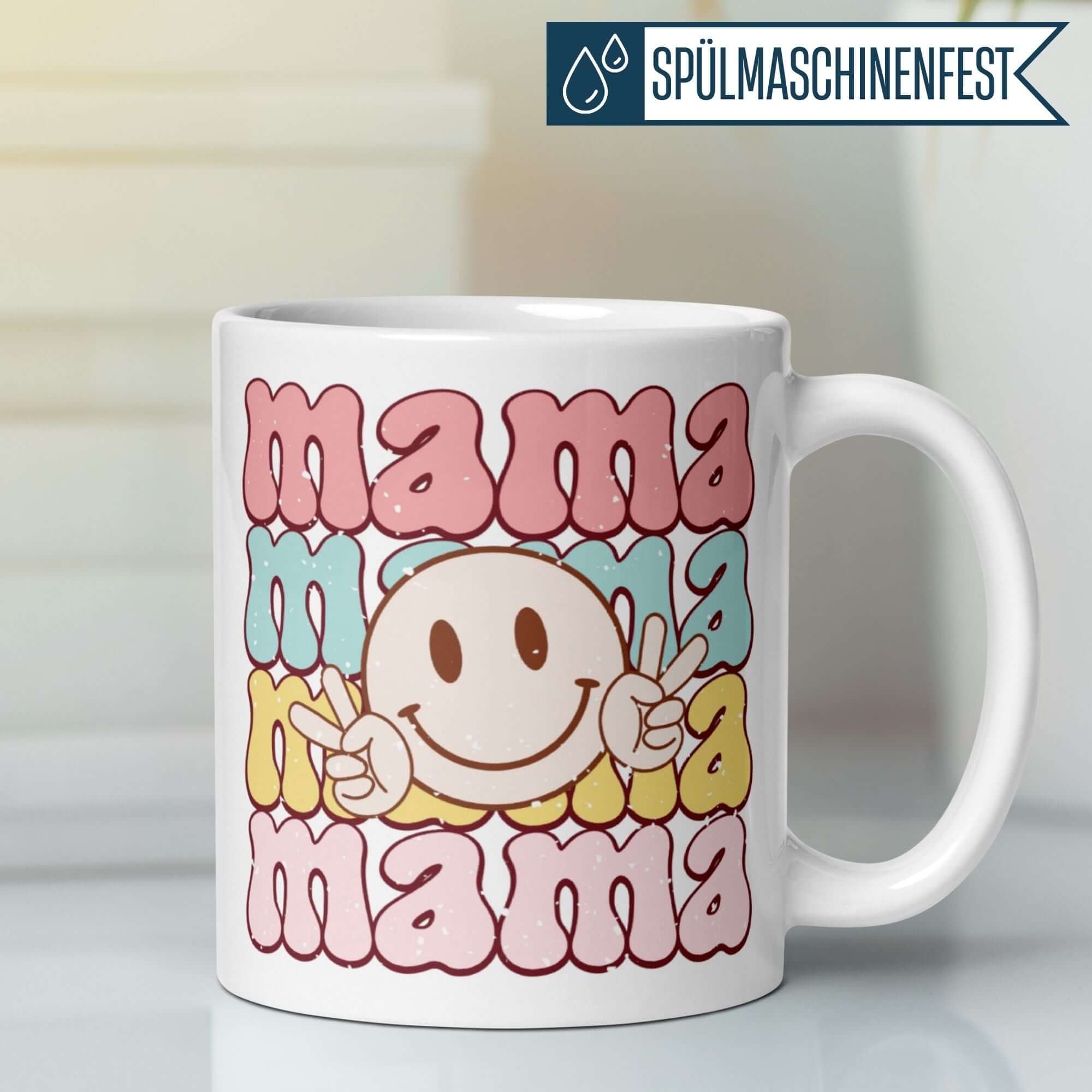 Momentals® Tasse für Mama mit Smiley und Peace Zeichen im Retro Design, farbenfrohes Geschenk für gute Laune.
