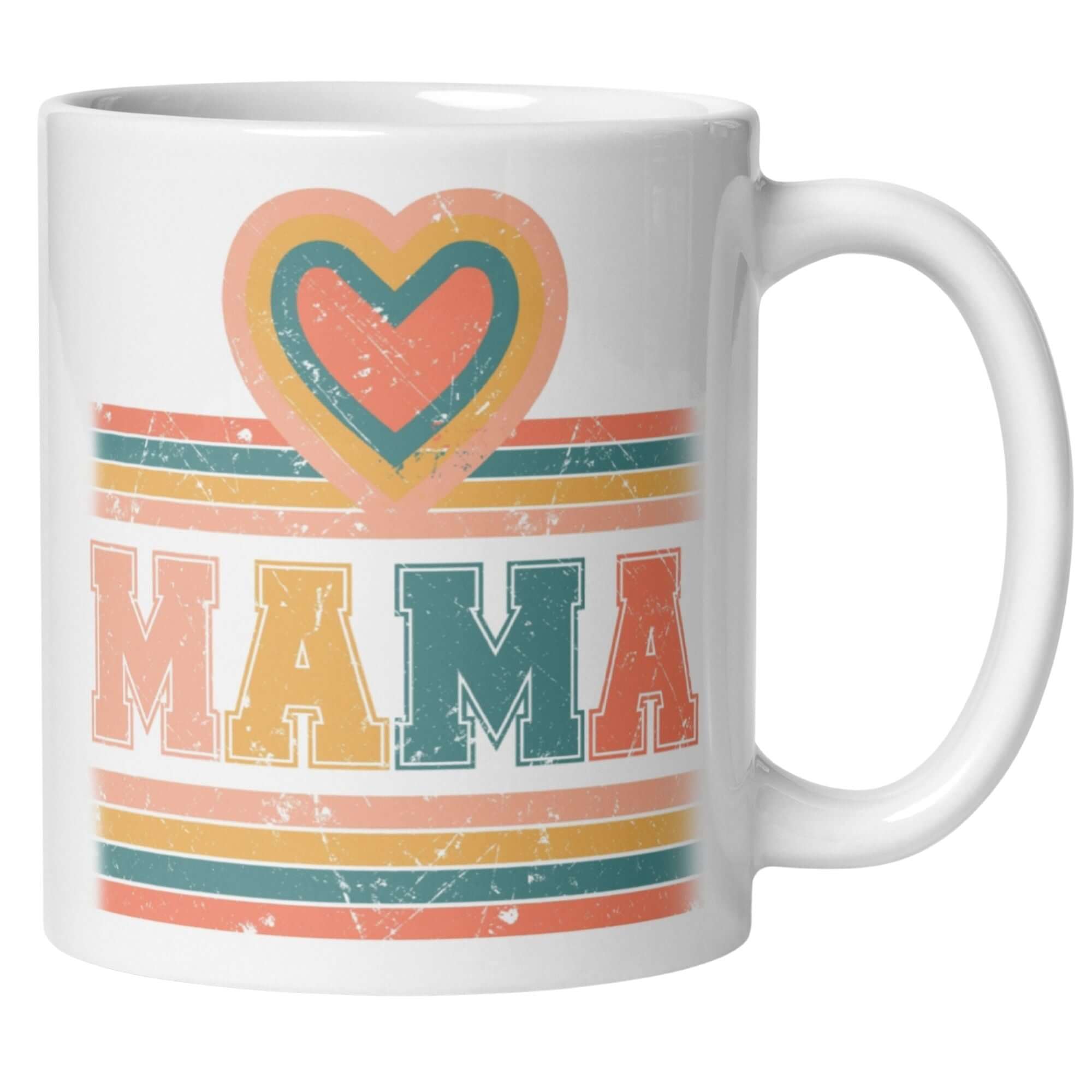 Bunte momentals Tasse mit retro Schriftzug 'MAMA' und Herzmotiv, ideal für jeden Frühstückstisch.