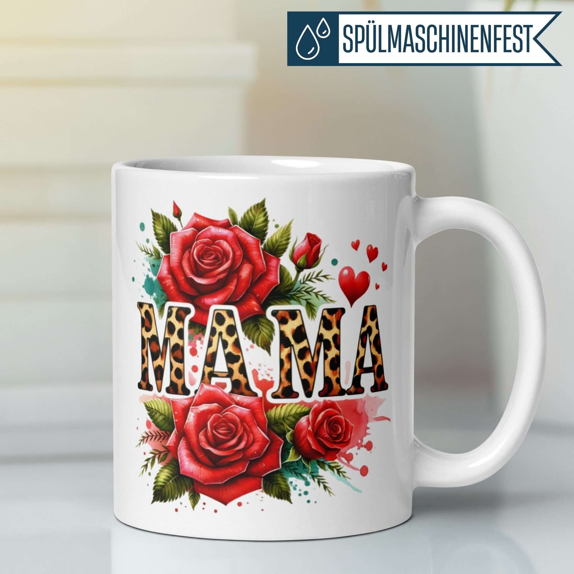 Momentals® Tasse Mama mit roten Rosen und Leopardenmuster für stilvolle Geschenke.