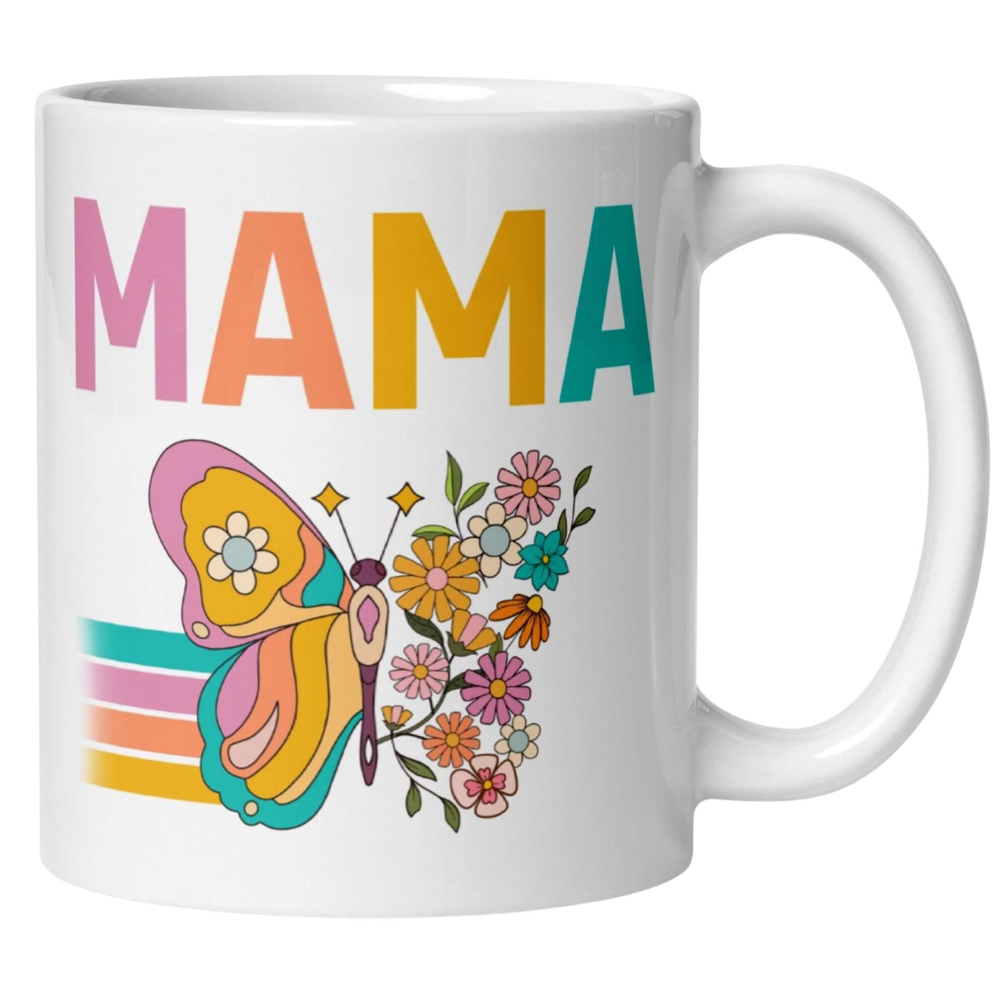 Bunte Tasse mit 'Mama' Schriftzug, Schmetterling, Blumenmuster für Muttertagsgeschenk.