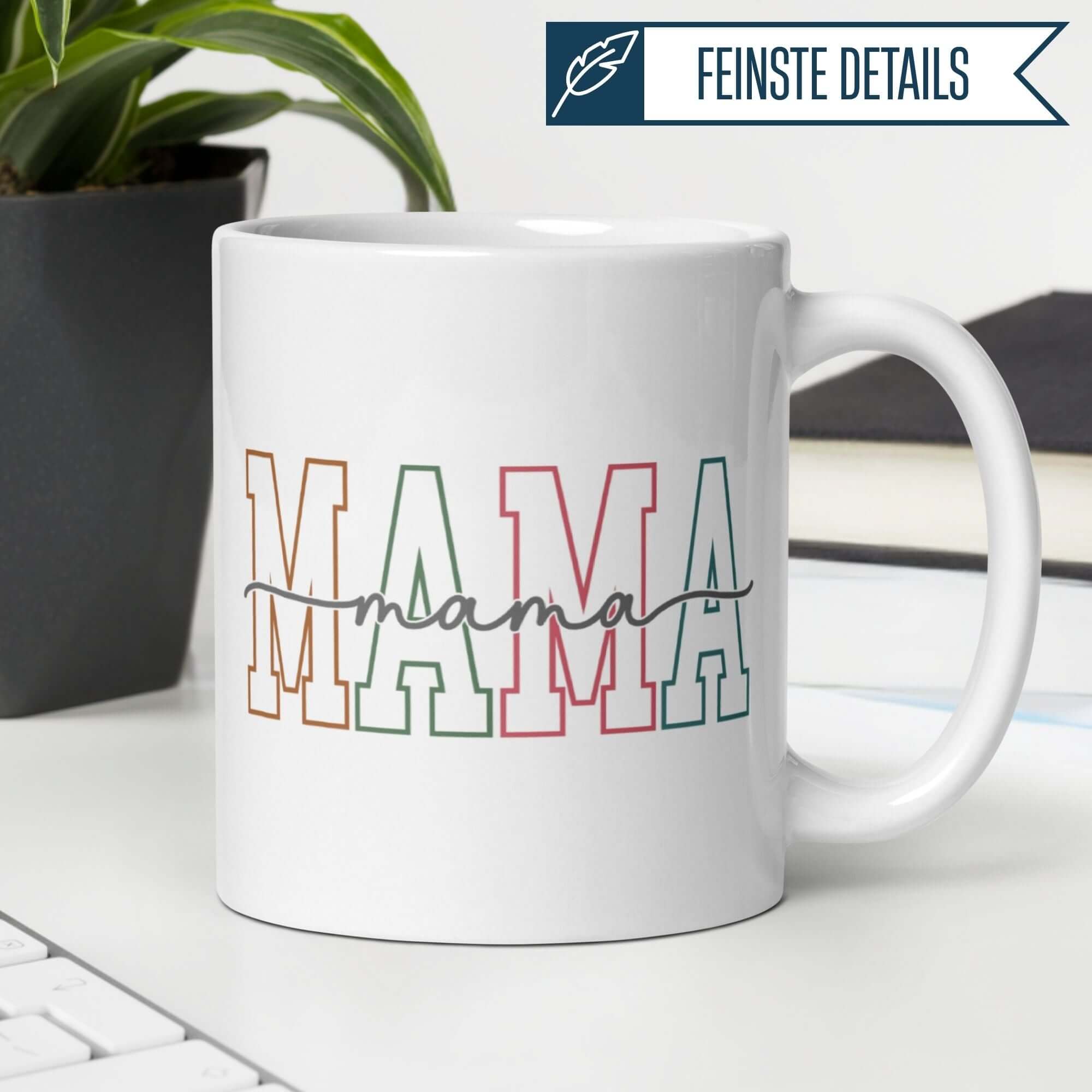 Charming ceramic mug with pastel retro lettering for 'Mama', perfect for gifts and heartfelt occasions.