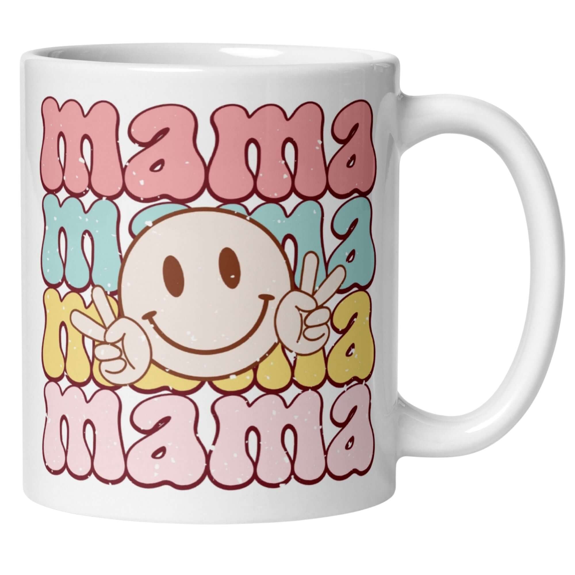 Momentals® Tasse Mama mit Retro Schriftzug und Smiley, fröhliches Peace Zeichen im bunten Design.