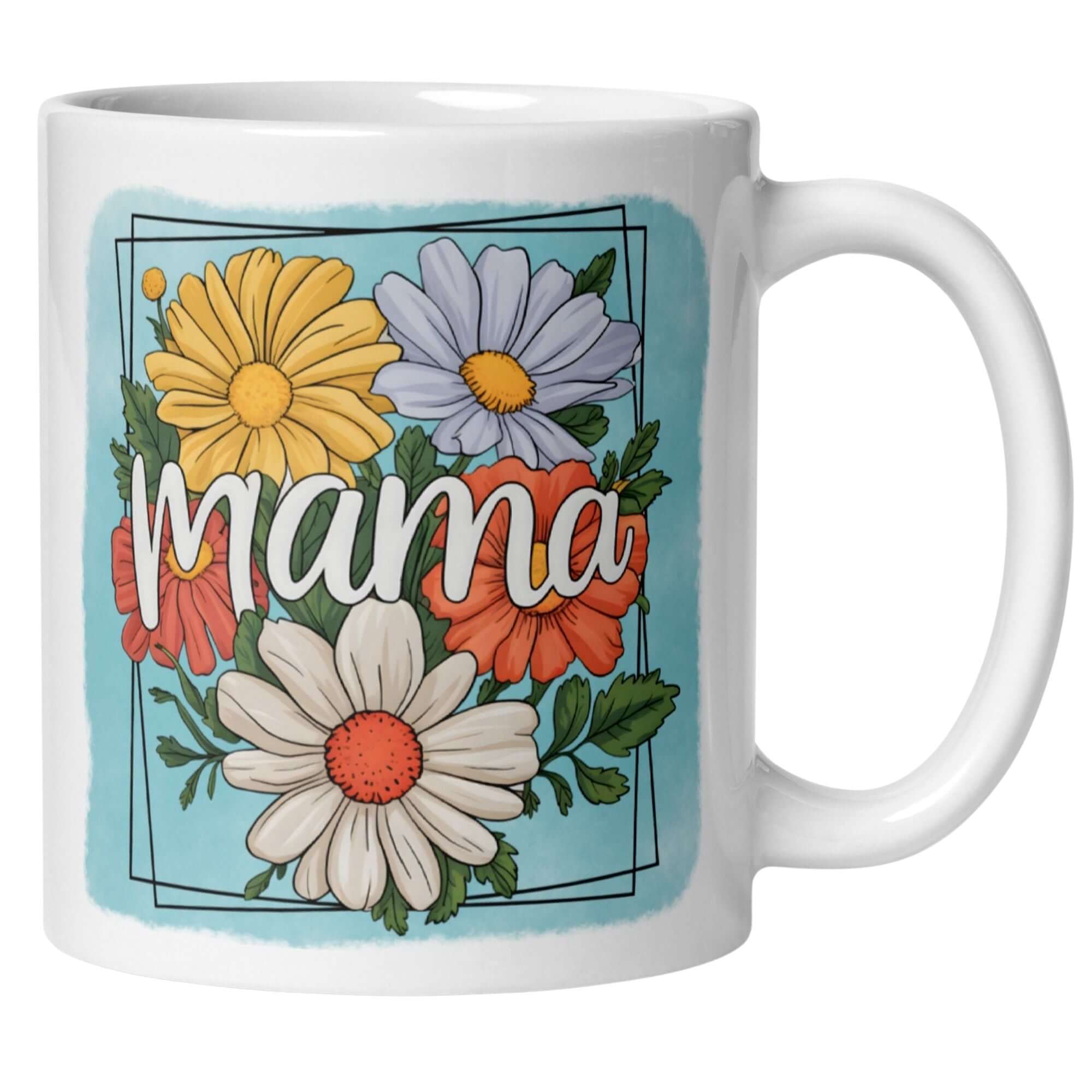 Bunte Mama-Tasse mit handlettering Schriftzug und sommerlichen Blumen, perfekt als Geschenk für Mütter.