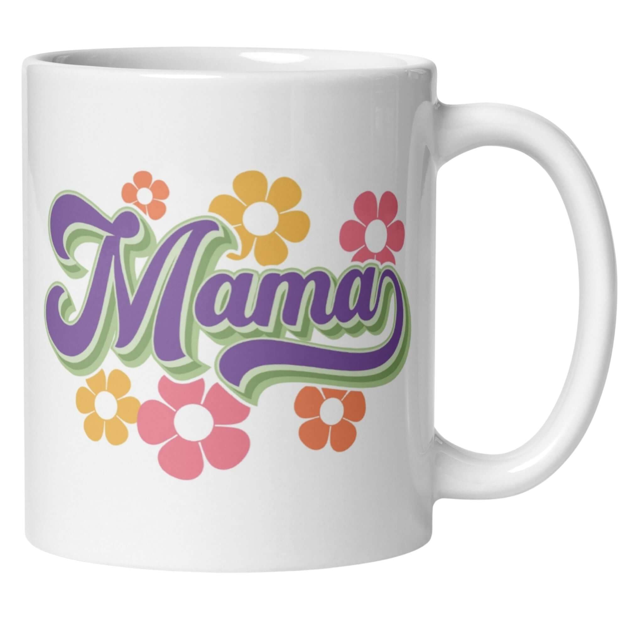 Momentals Tasse Mama mit Retroblumen in lila, pink und orange - Vintage Style für fröhliche Momente.