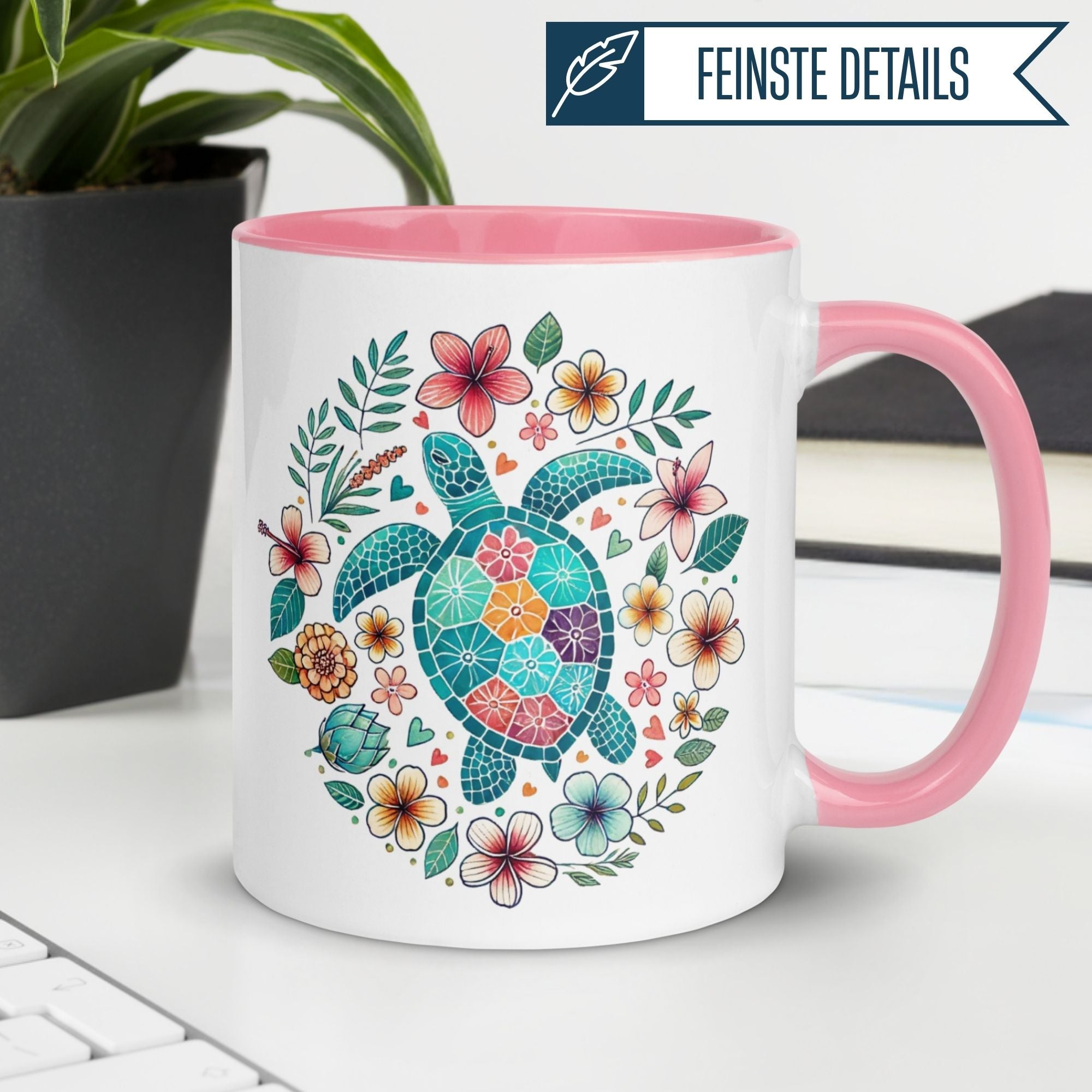 Momentals® Tasse mit Meeresschildkröte und bunten Blumen, tropisches Aquarelldesign für Fernweh im Alltag.