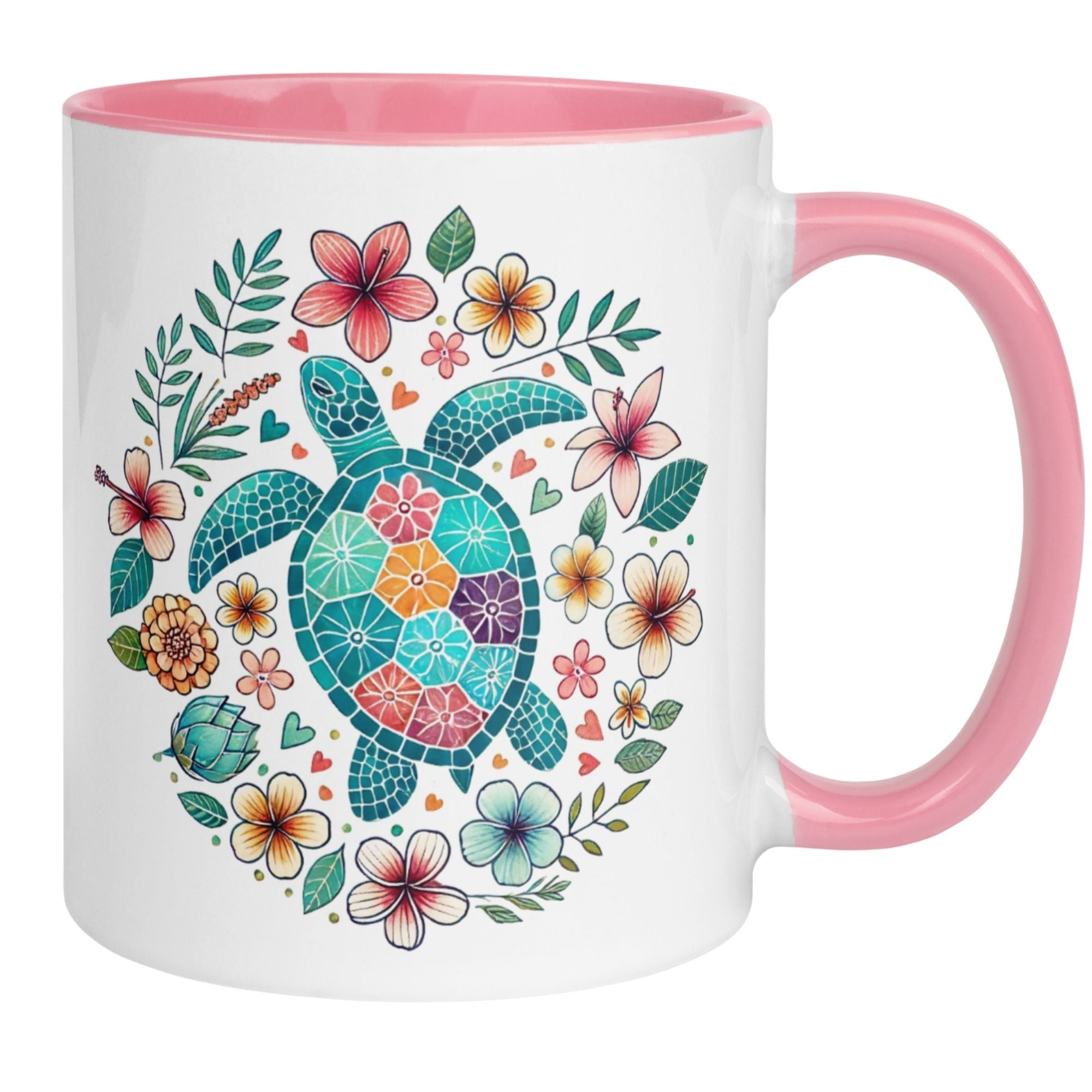 Colorful turtle and flowers illustrated mug, perfect for tropical vibes and beach memories.