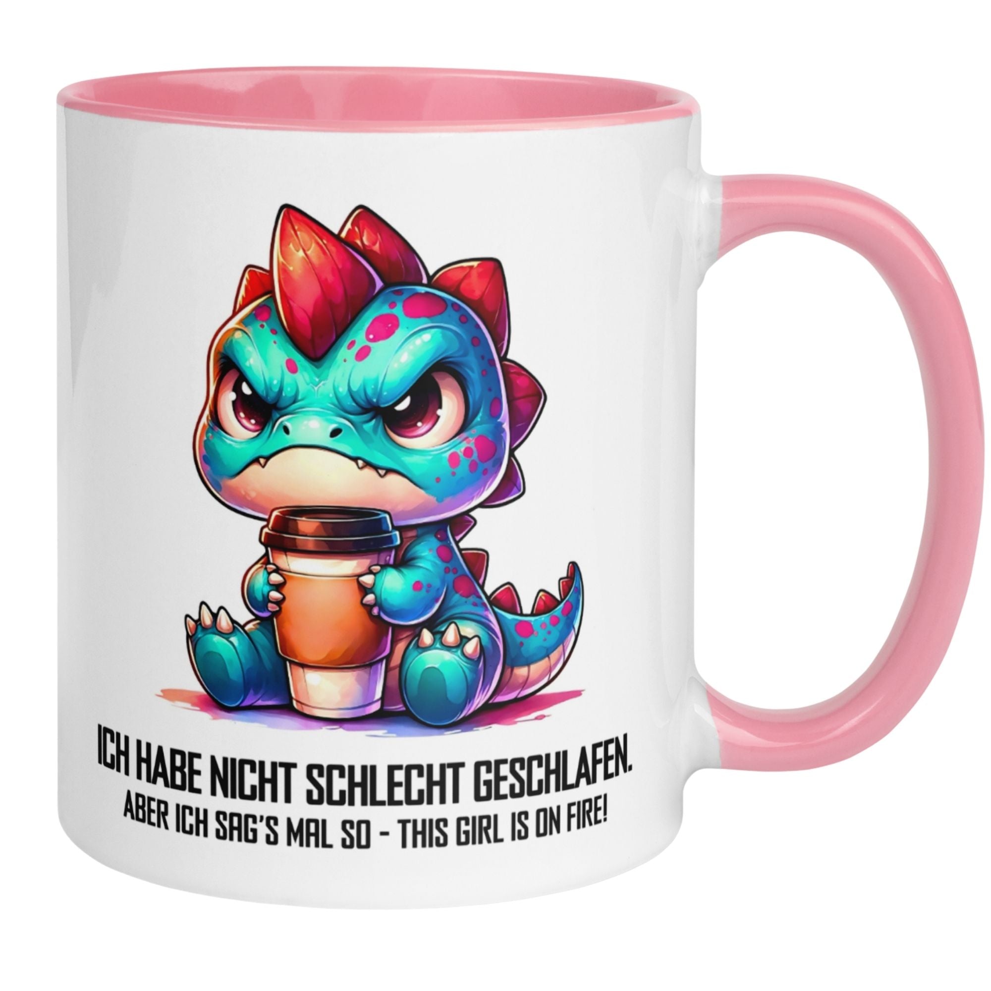 Bunte Tasse mit Dino-Motiv und Spruch für Morgenmuffel: "Ich habe nicht schlecht geschlafen!"