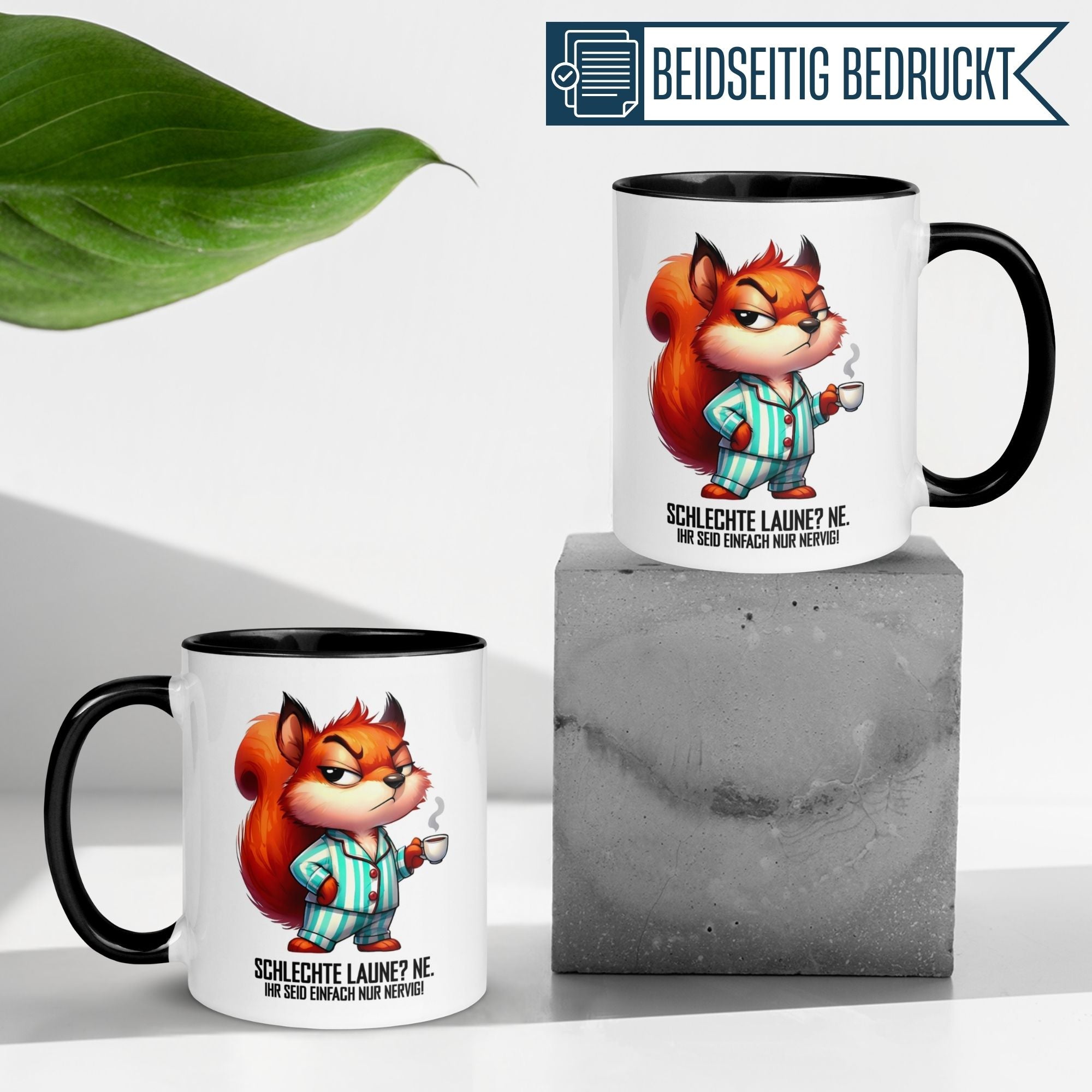 Momentals® Morgenmuffel Tasse mit Eichhörnchen-Motiv und Spruch, doppelseitiger Druck.