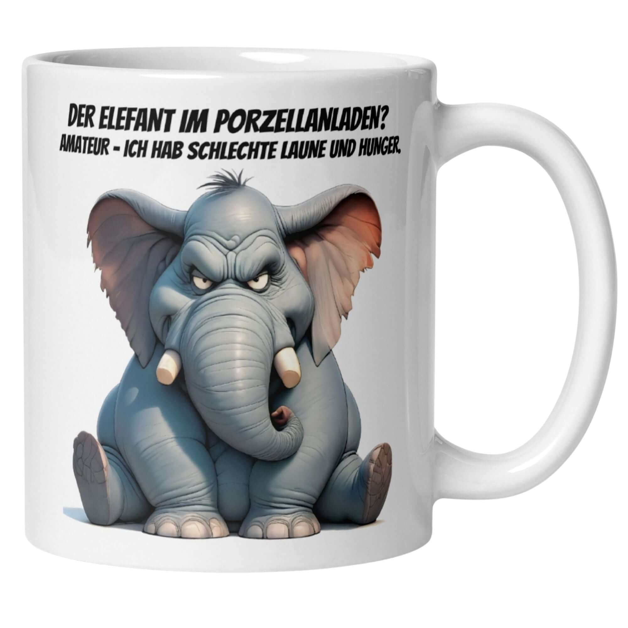 Funny momentals mug featuring a grumpy elephant and the quote about morning moods.