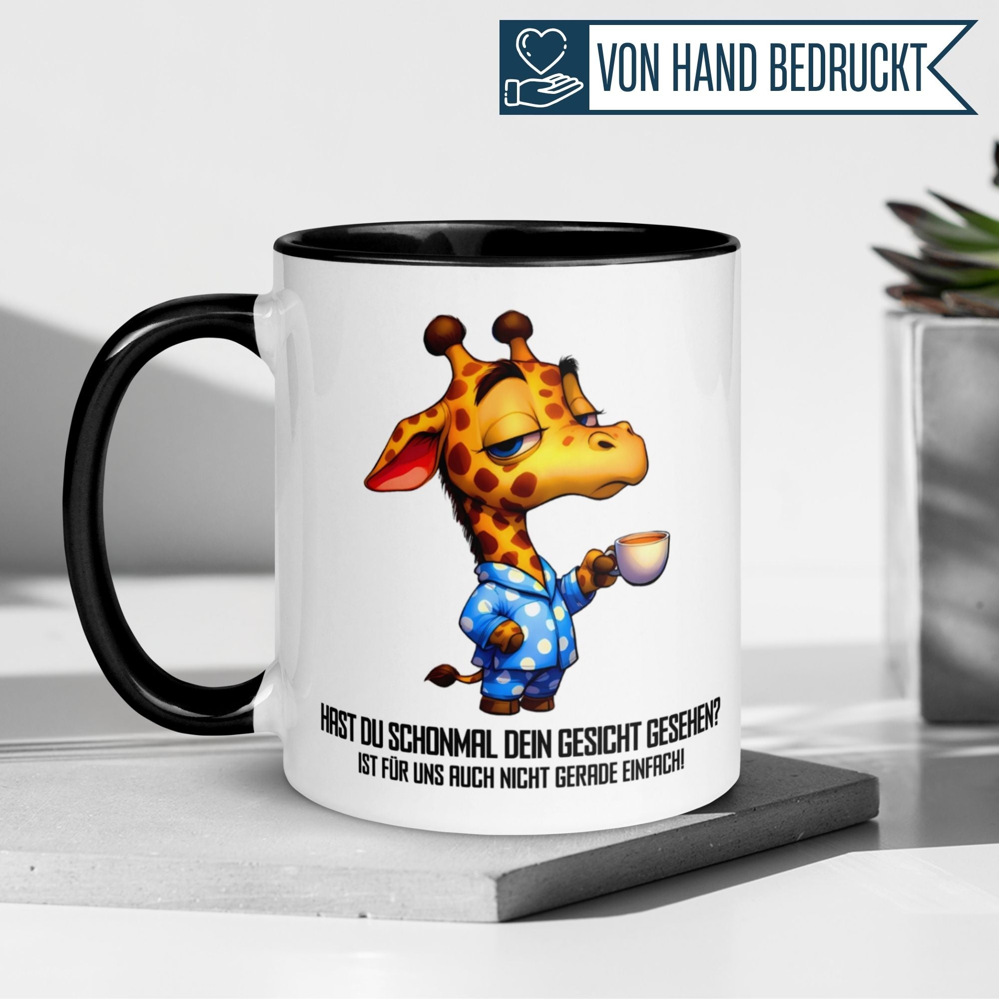 Momentals Tasse mit Giraffe und Spruch "Hast du schonmal dein Gesicht gesehen?" für Morgenmuffel.