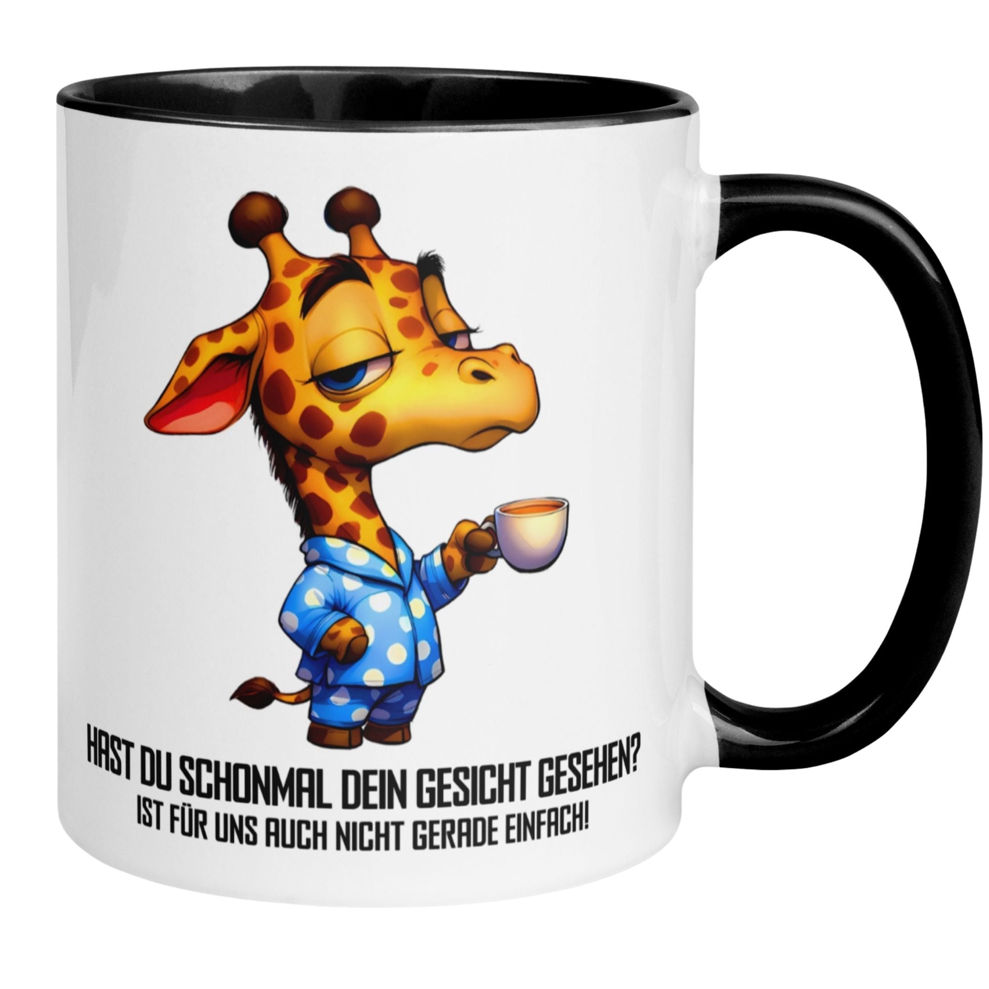 Humorous Momentals mug featuring a drowsy giraffe and the quote about mornings.