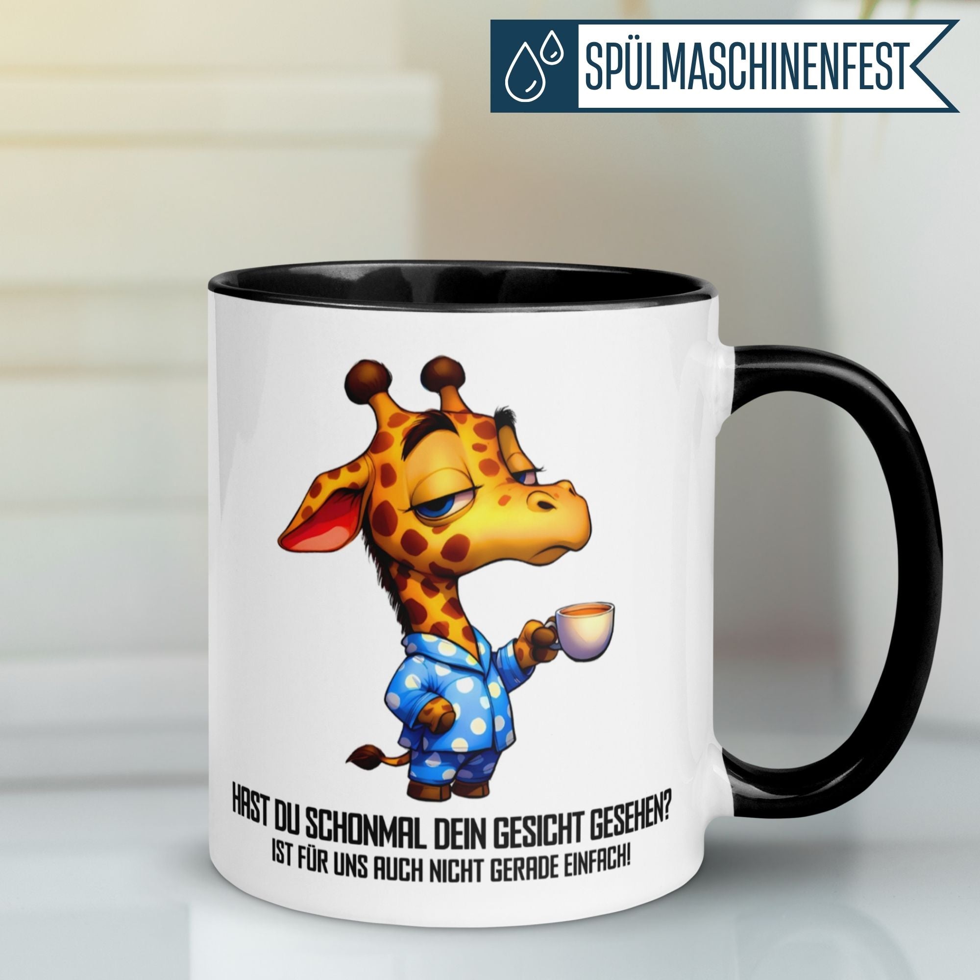Momentals Tasse für Morgenmuffel mit Giraffen-Motiv und witzigem Spruch über Energiestörungen.