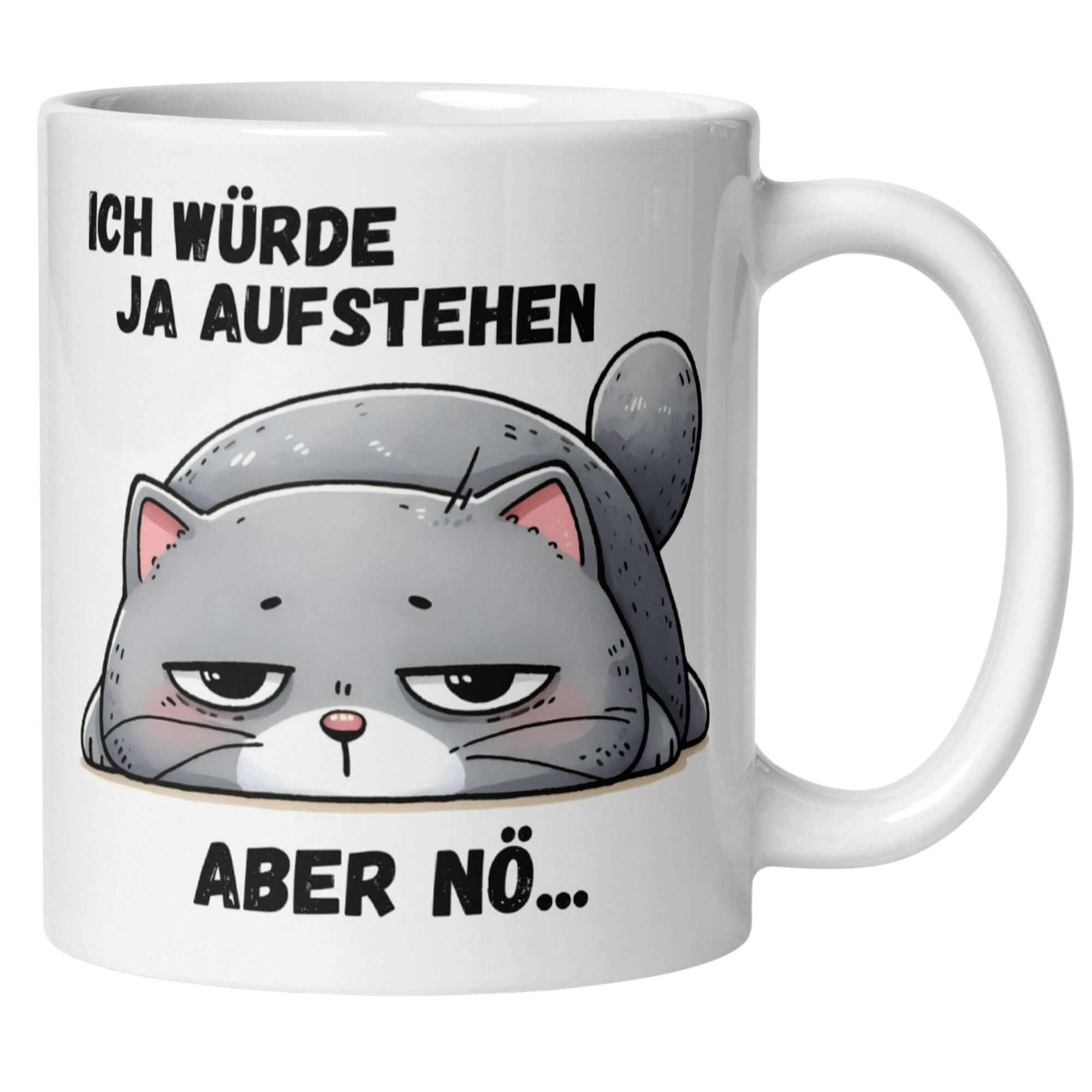 Momentals Tasse mit müder Katze und Spruch "Ich würde ja aufstehen aber nö..." für Morgenmuffel.
