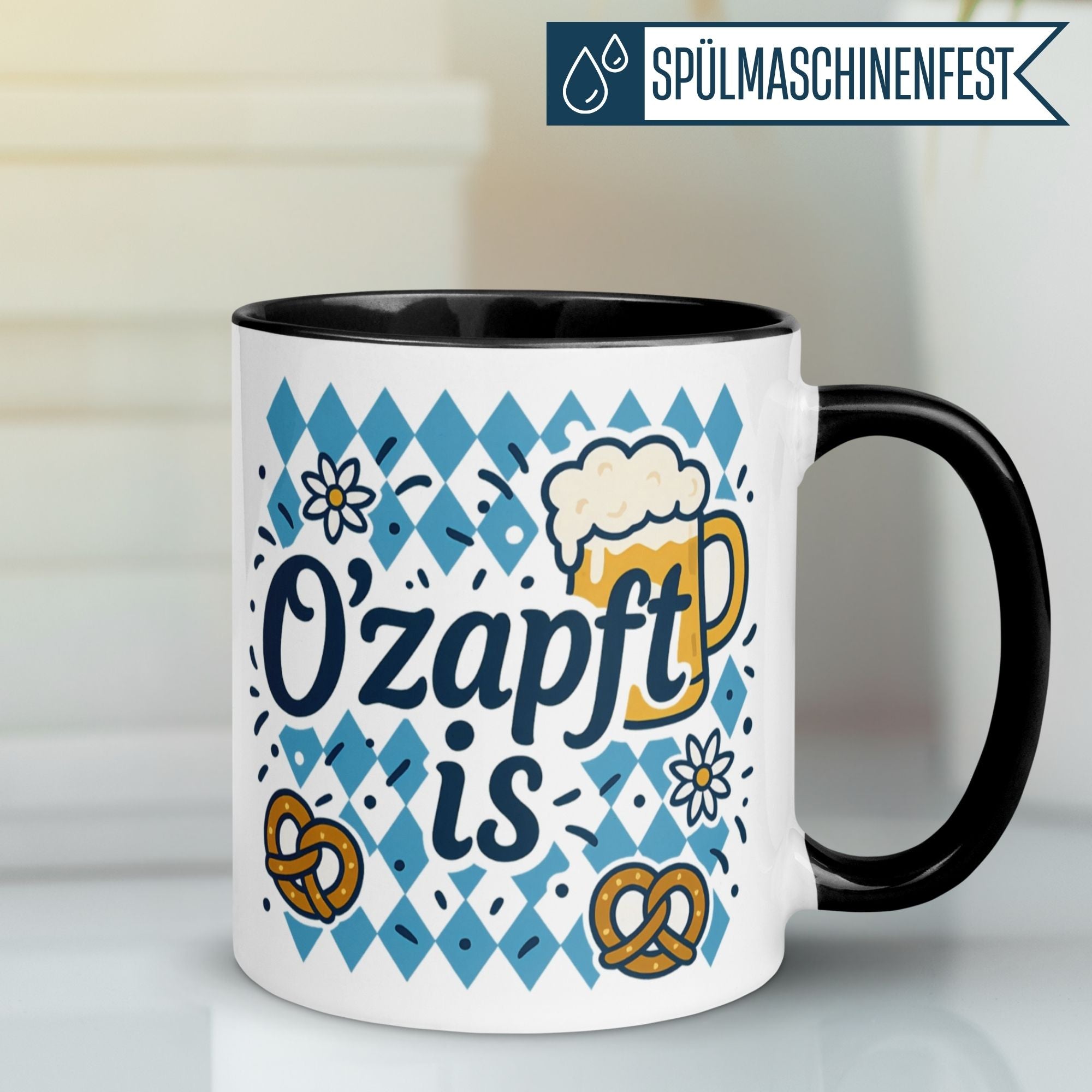 Momentals® Tasse mit Spruch ‘O’zapft is’ und bayerischen Motiven, perfekt für Bierfreunde.