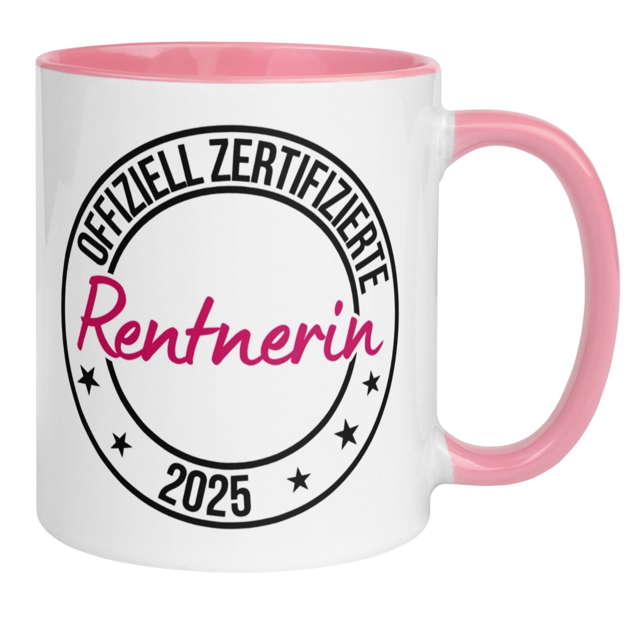 Momentals Tasse für Rentnerin 2025 mit pinkem Akzent und typografischem Design, perfektes Geschenk zum Renteneintritt.