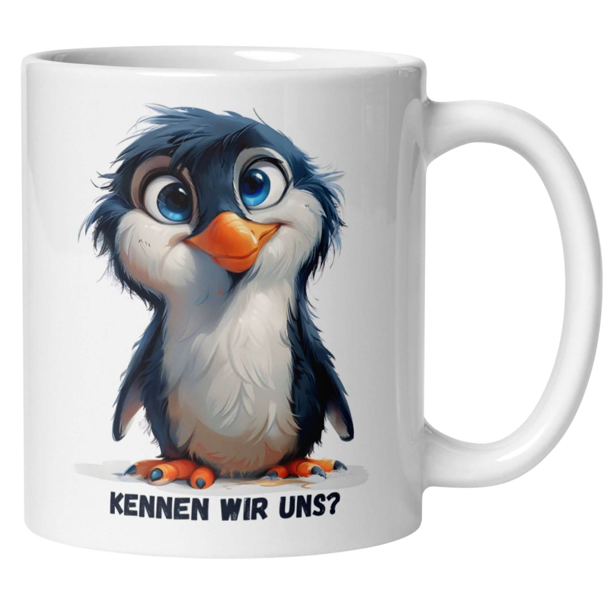 Momentals® Tasse mit neugierigem Pinguin und Spruch 'Kennen wir uns?' für humorvolle Geschenke.