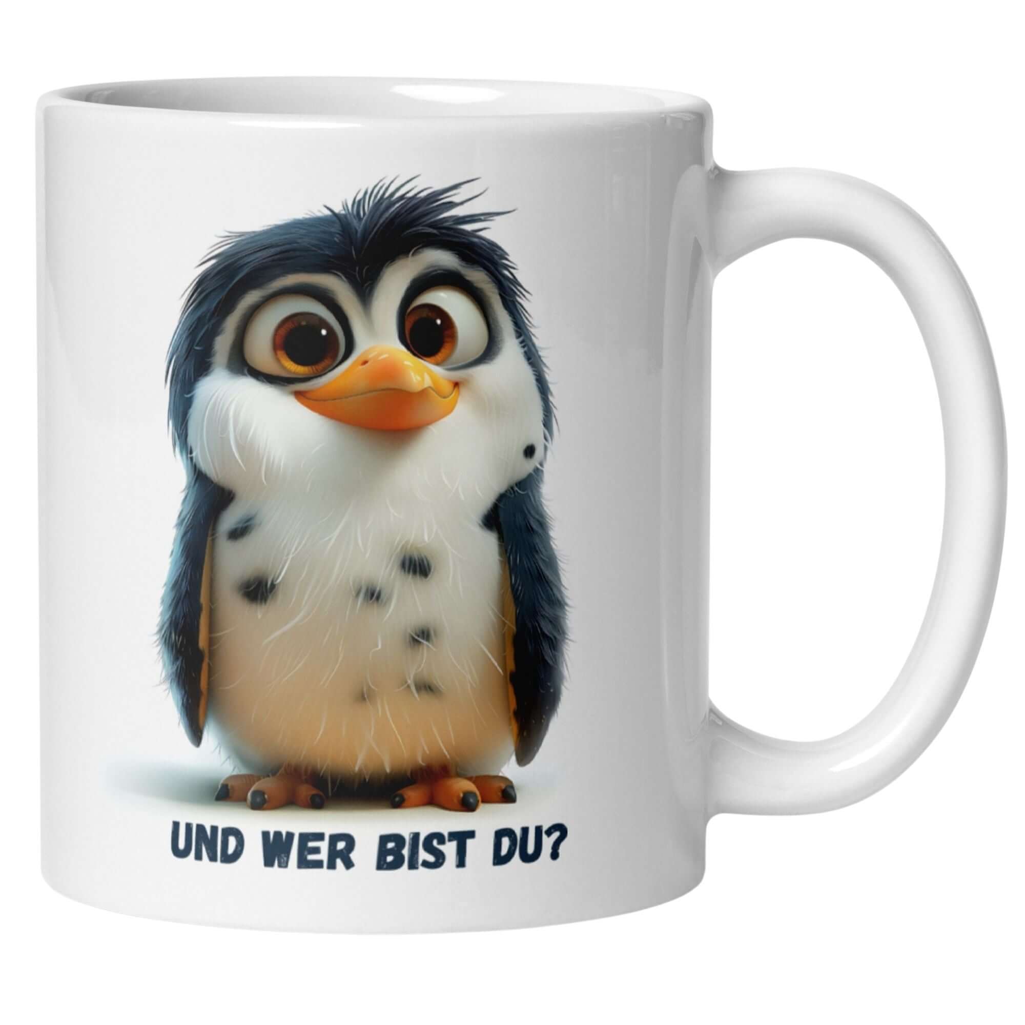 Cute penguin mug with playful phrase 'Und wer bist du?' for cheerful coffee moments.