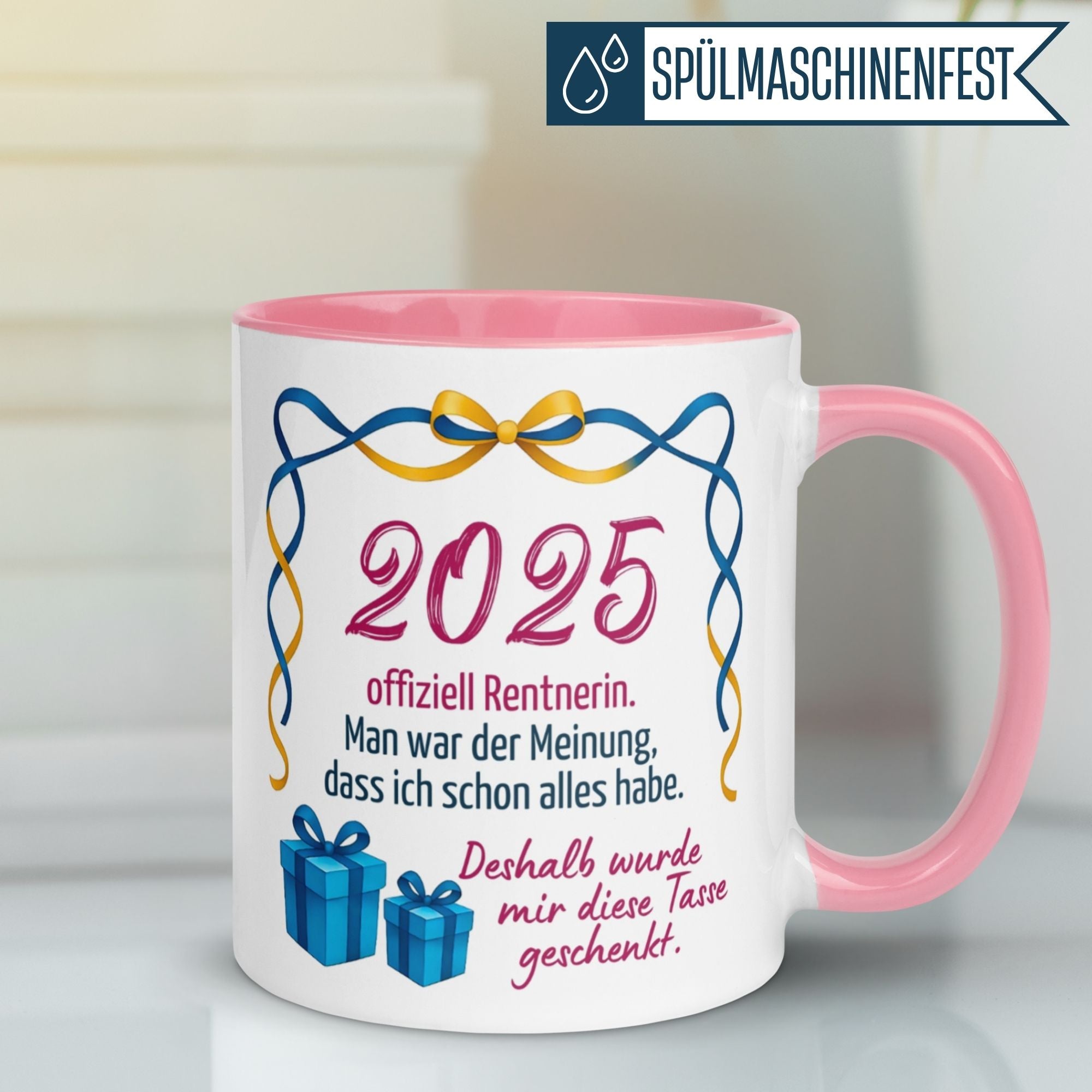 Momentals Tasse mit Spruch für Renteneintritt 2025 in fröhlichen Farben und Geschenkemotiv.