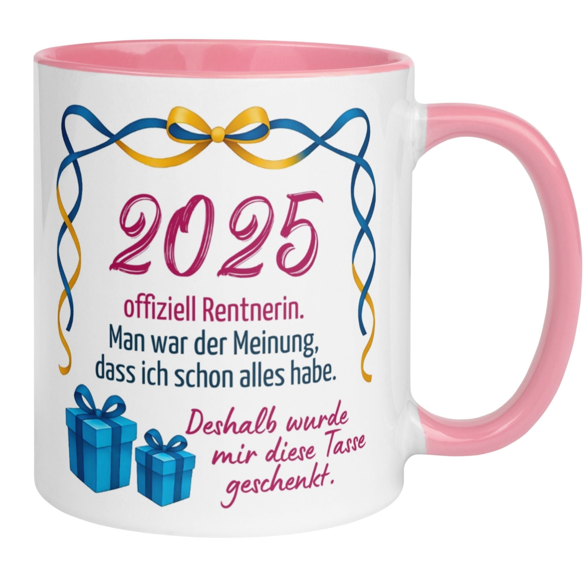Momentals Tasse für frischgebackene Rentnerinnen, bunt mit 2025 und Geschenken, ideales Geschenk zum Renteneintritt.