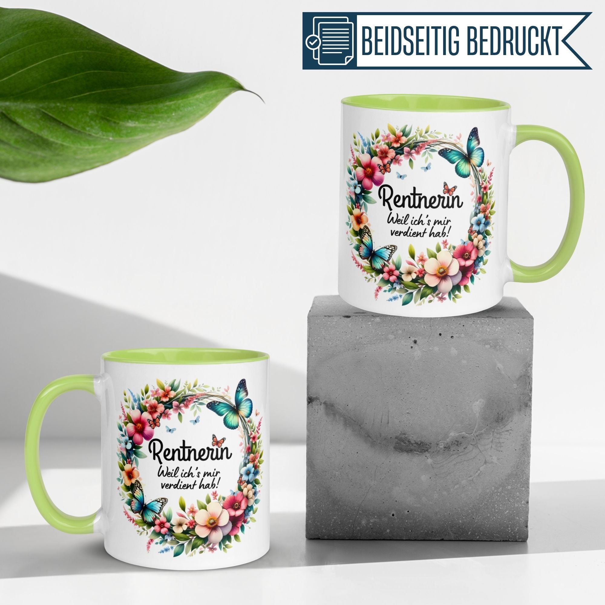 Momentals® Tasse für Rentnerinnen mit buntem Blumendesign und Spruch "Weil ich's mir verdient hab!"