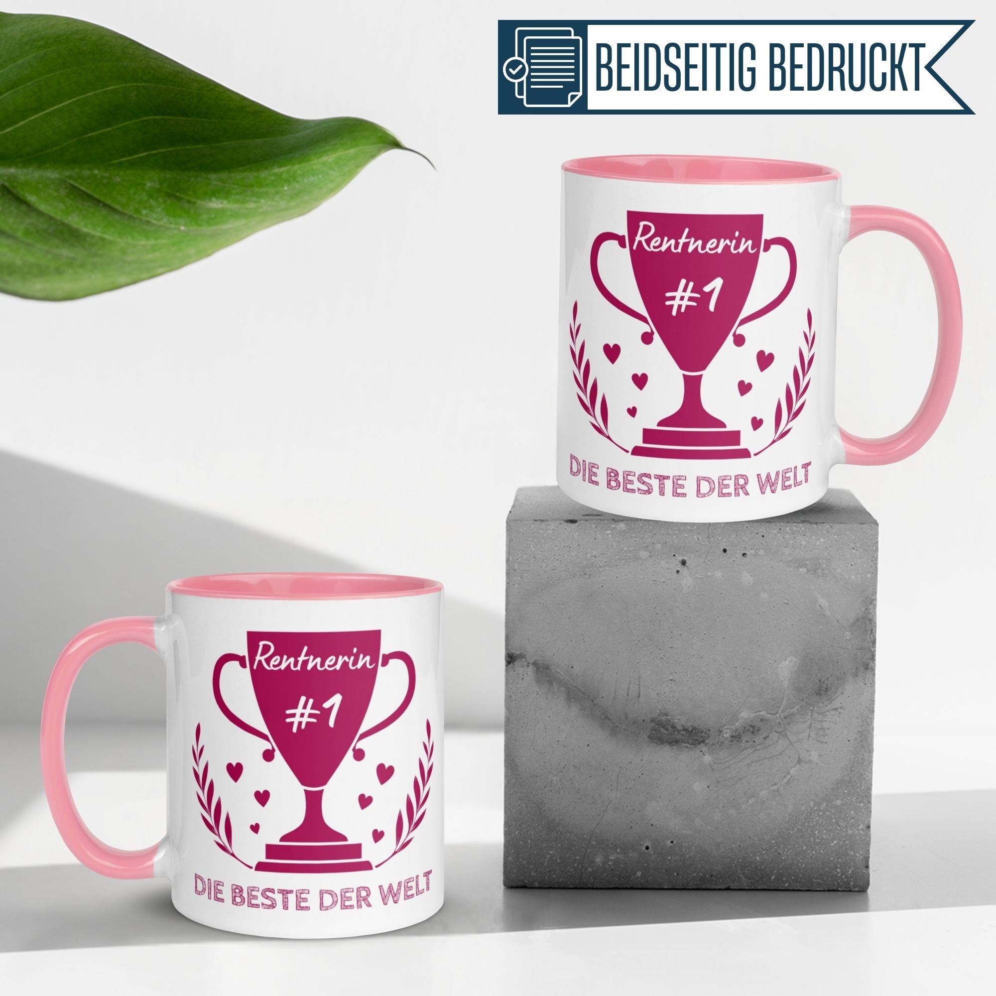 Momentals Tasse Rentnerin #1, pink mit Pokal und Herzen, perfektes Geschenk für den Renteneintritt.