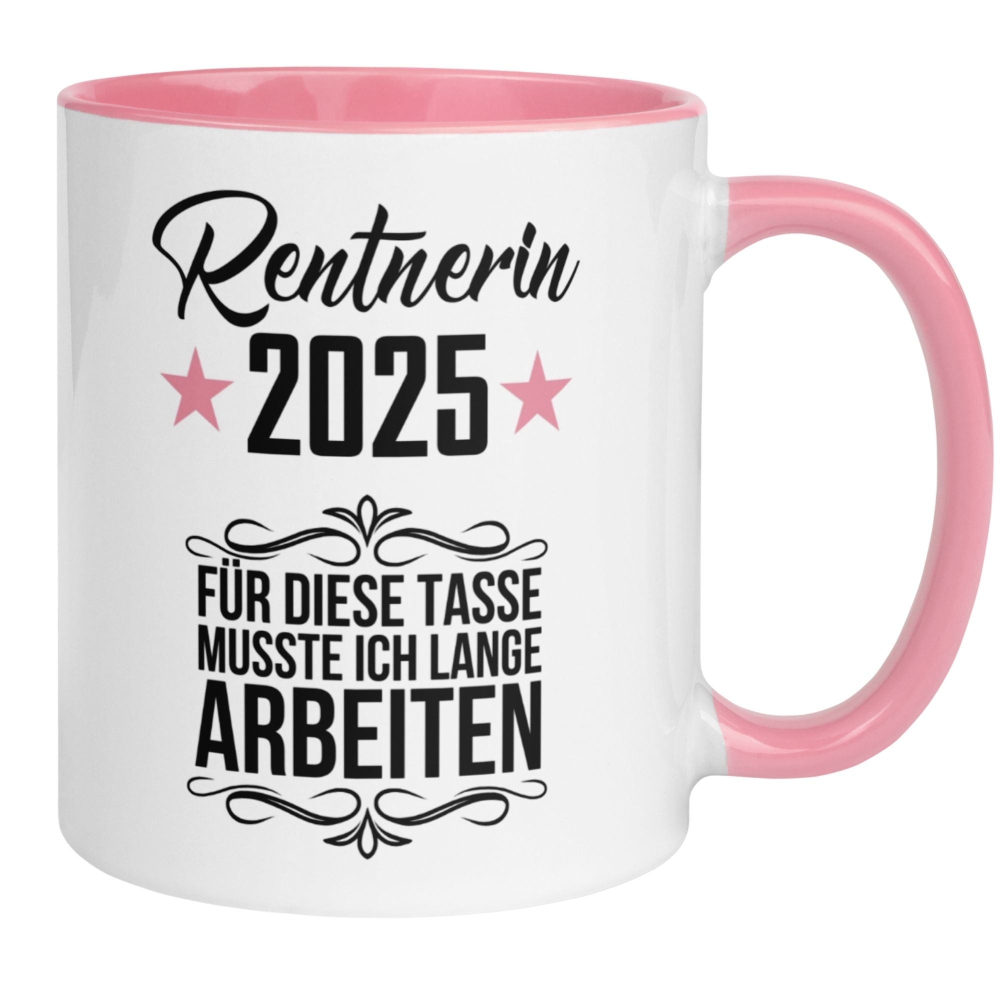 Momentals Tasse Rentnerin 2025 mit pinkem Henkel und humorvollem Spruch für den Renteneintritt.