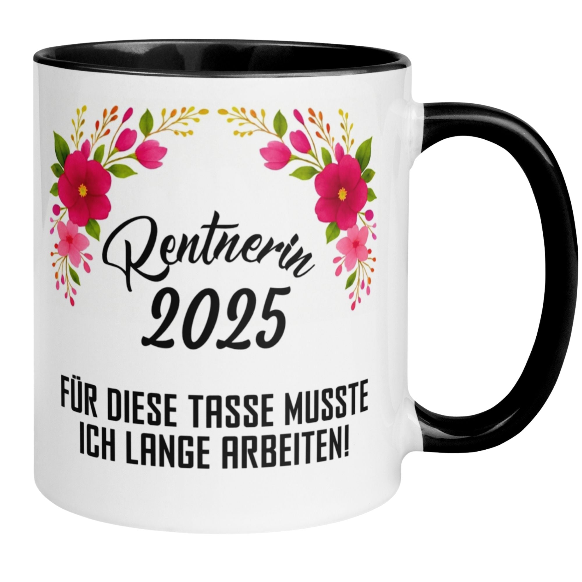 Momentals Tasse für Rentnerin 2025 mit floralem Design und humorvollem Spruch zum Renteneintritt.