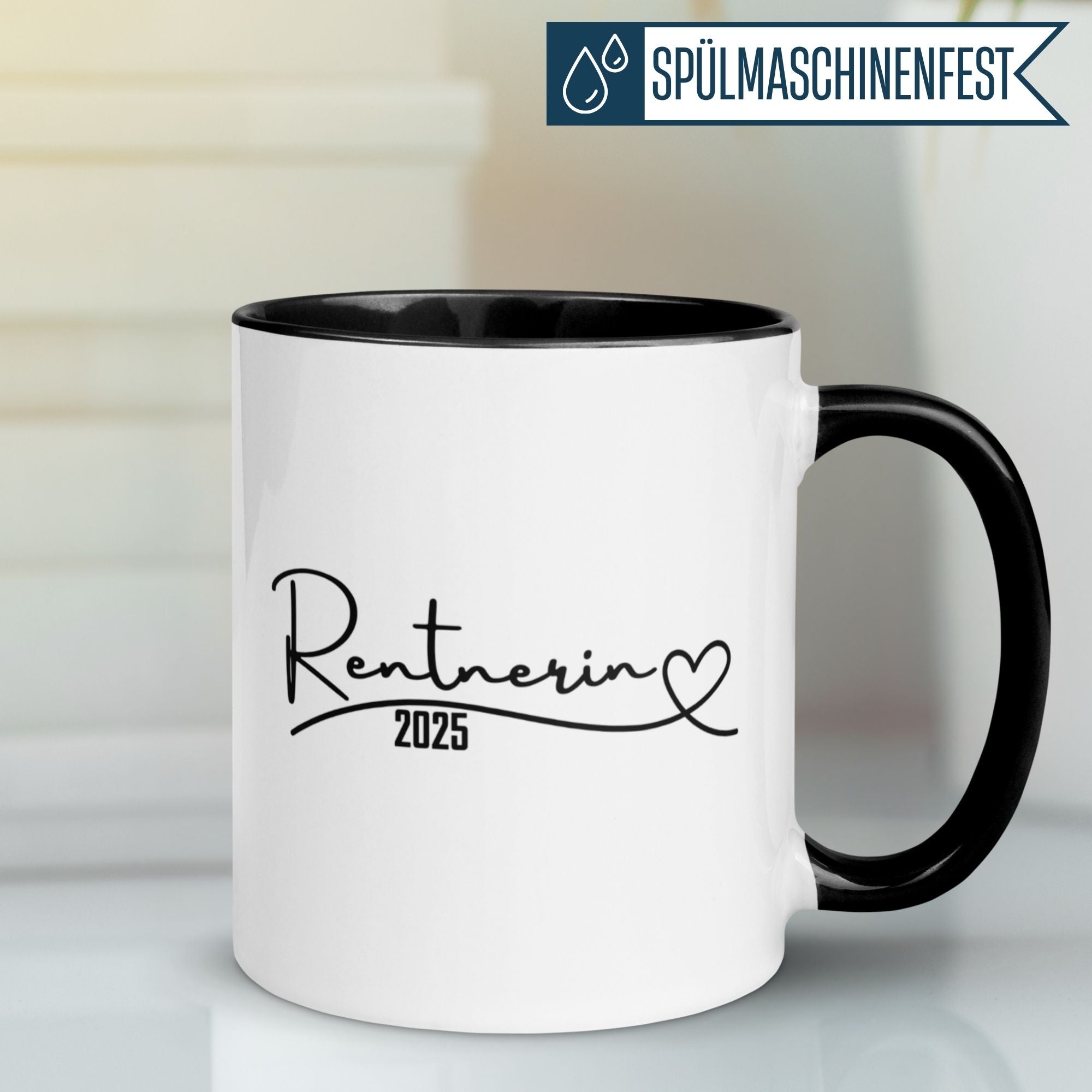 Momentals Tasse für Rentnerin 2025, elegantes Herzsymbol, perfektes Geschenk zum Renteneintritt.