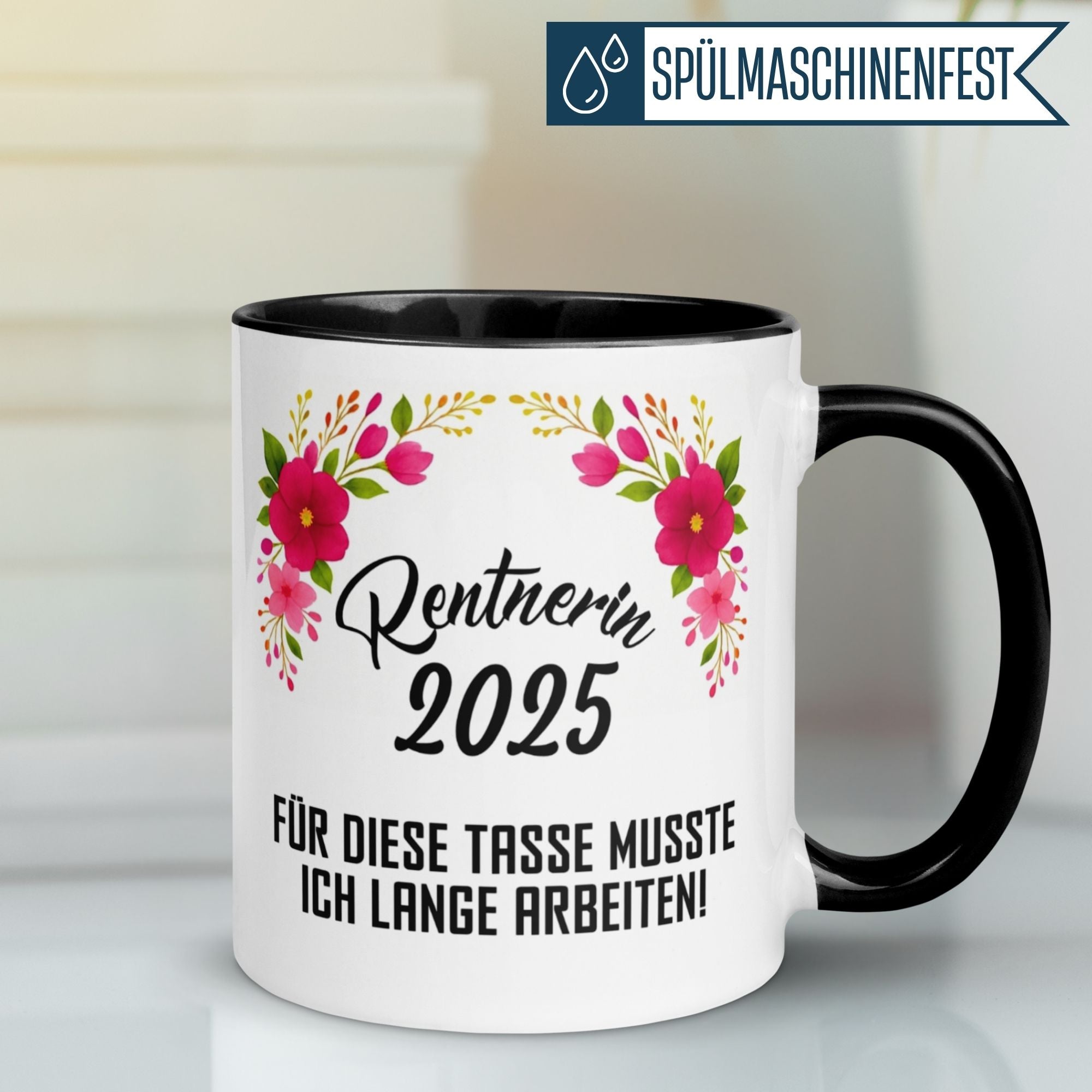Momentals Tasse mit Spruch für Rentnerin 2025, blumiges Design und humorvolles Geschenk zur Pensionierung.