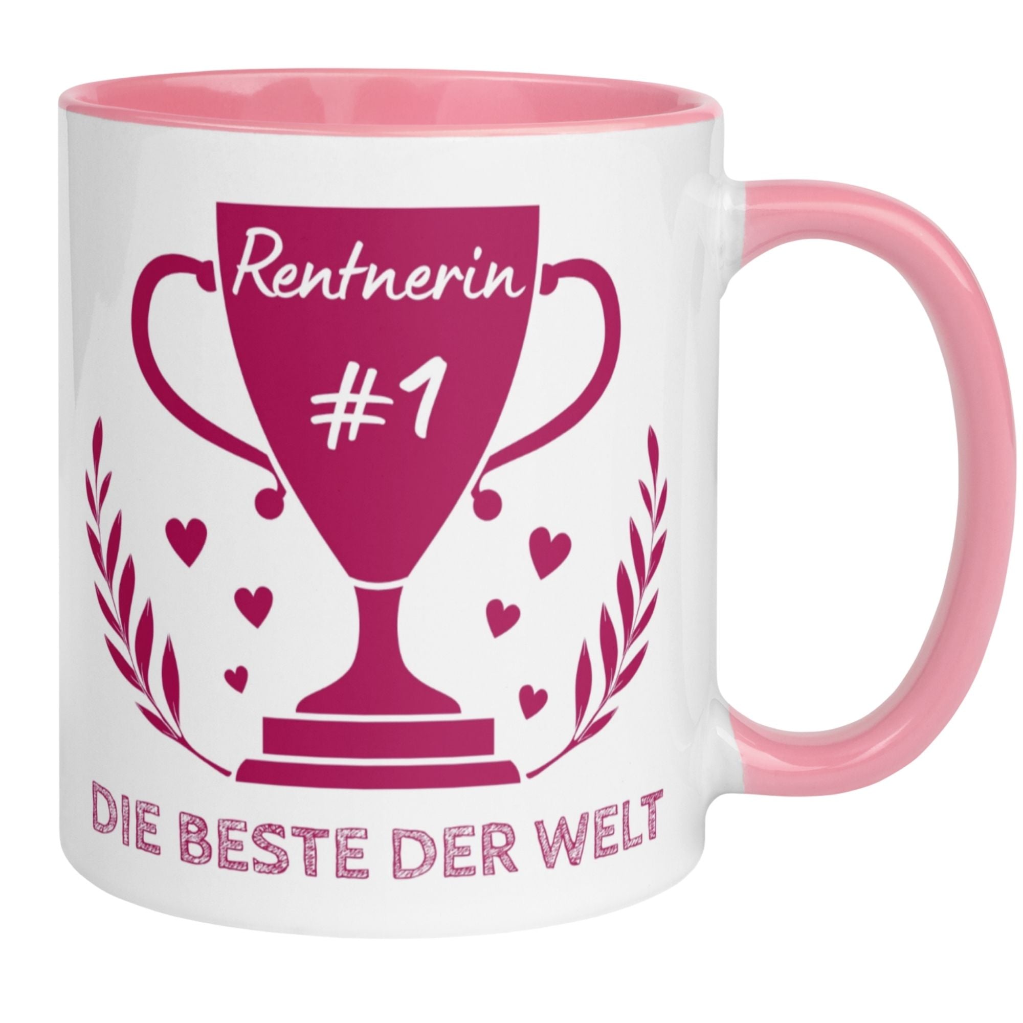 Momentals Tasse für Rentnerin #1 mit Pokal und Herzchen – ideales Geschenk zum Renteneintritt.