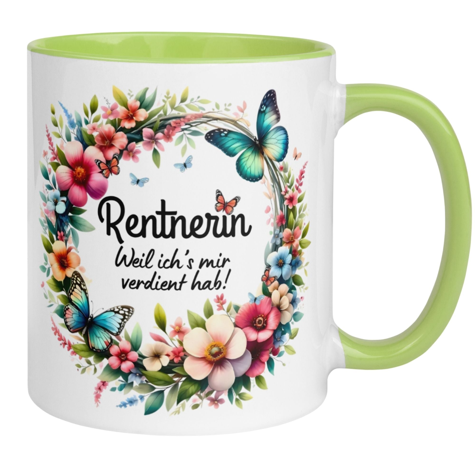Momentals Tasse für Rentnerinnen mit blumigem Kranz und Schmetterlingen, ideal zum Renteneintrittsgeschenk.