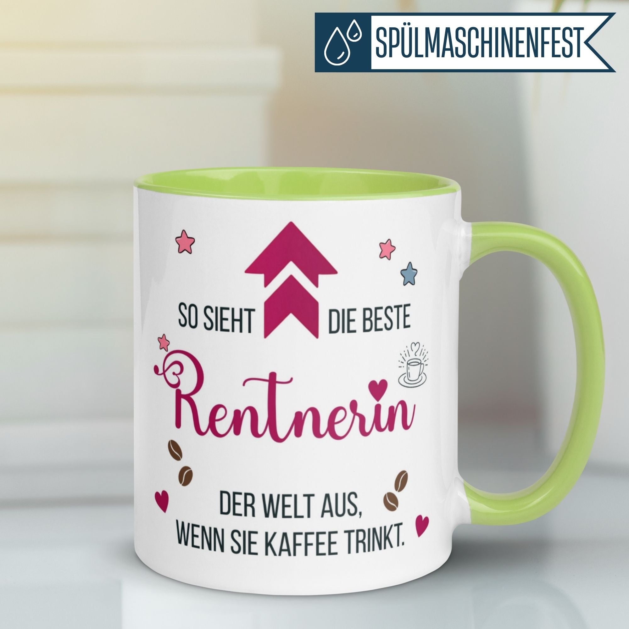 Momentals Tasse für Rentnerinnen mit buntem Design und Spruch über Kaffee genießen.