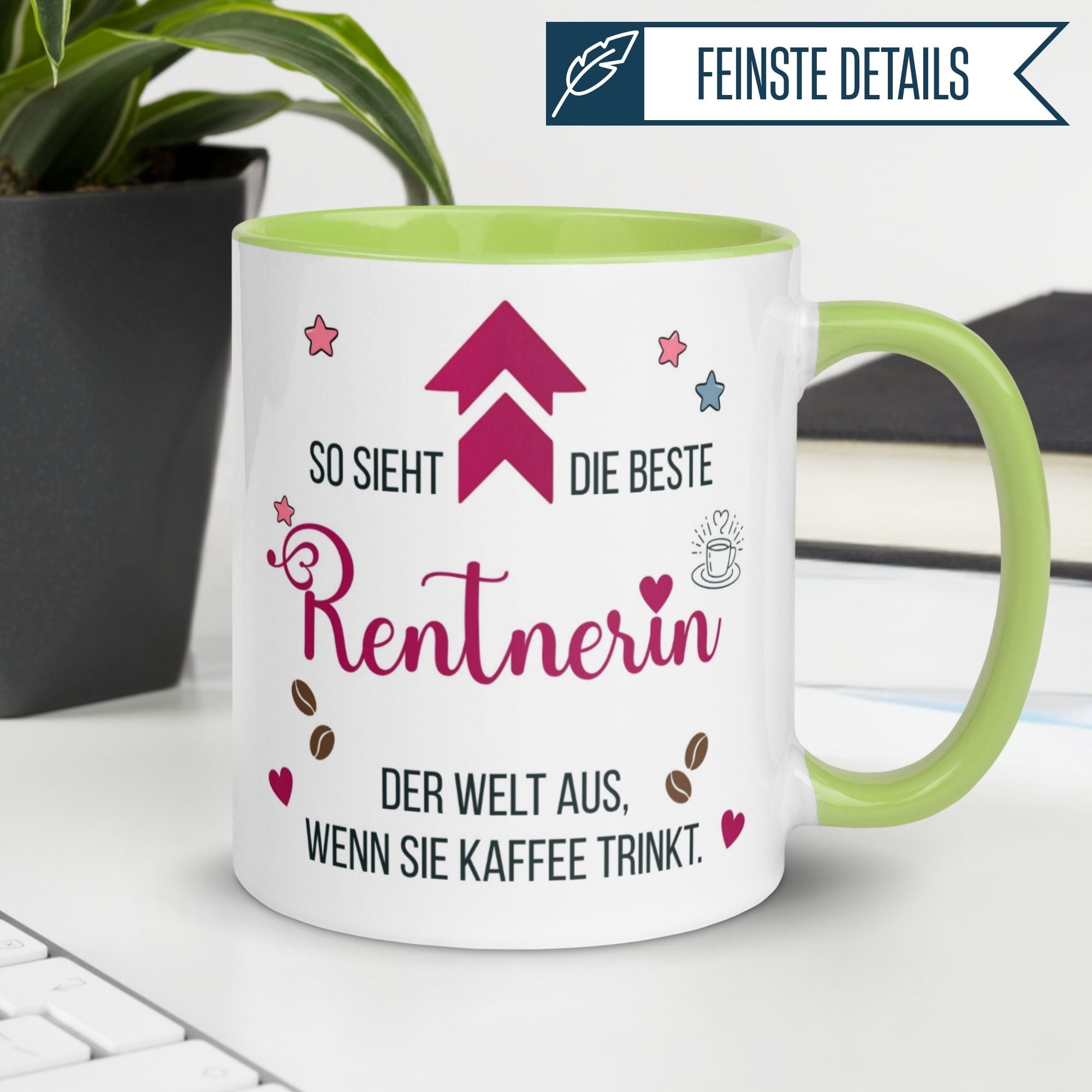 Momentals Tasse für Rentnerinnen mit buntem Spruch "So sieht die beste Rentnerin aus, wenn sie Kaffee trinkt"