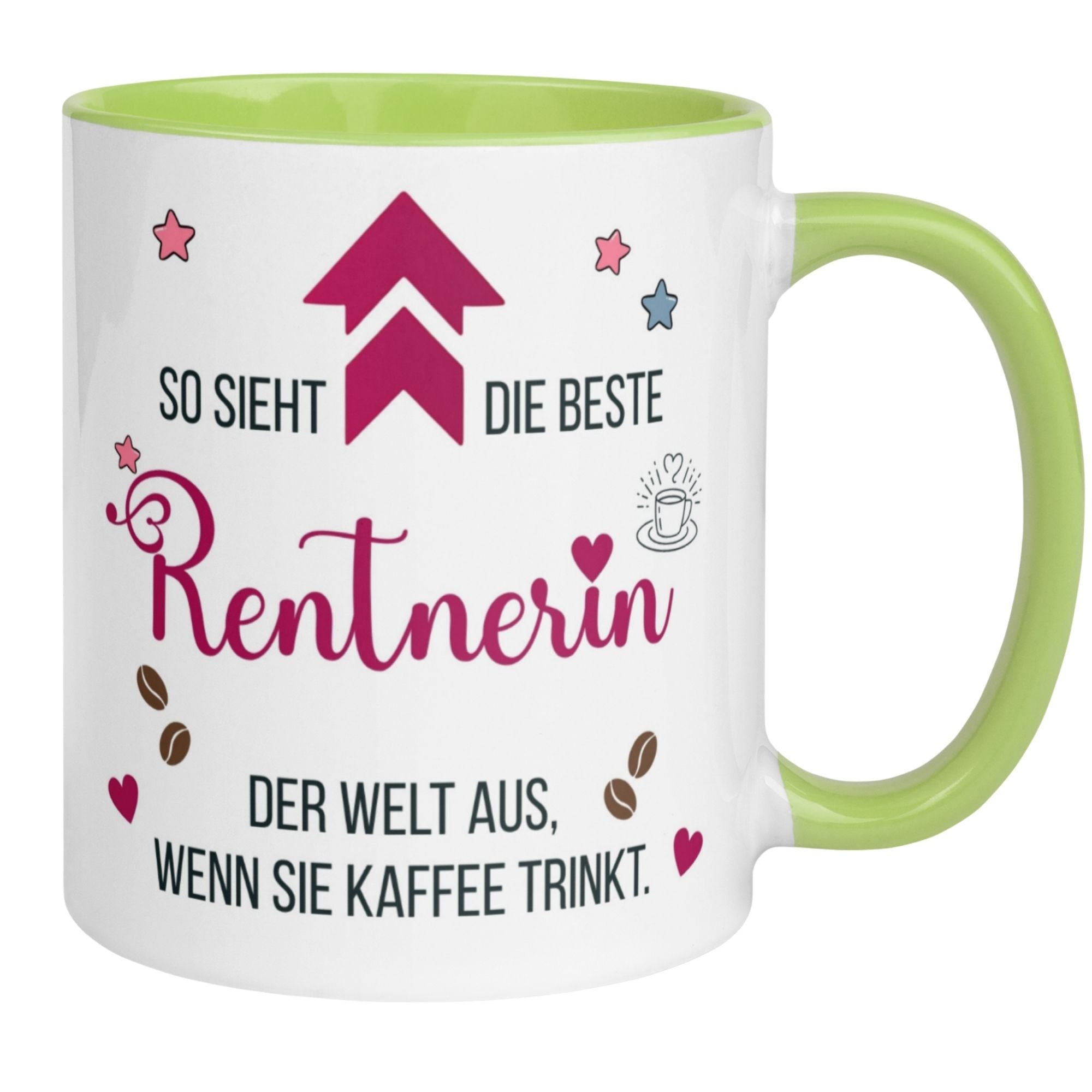 Bunte Momentals Tasse für Rentnerinnen mit Herzchen und Sternchen, ideal für Kaffeegenuss.