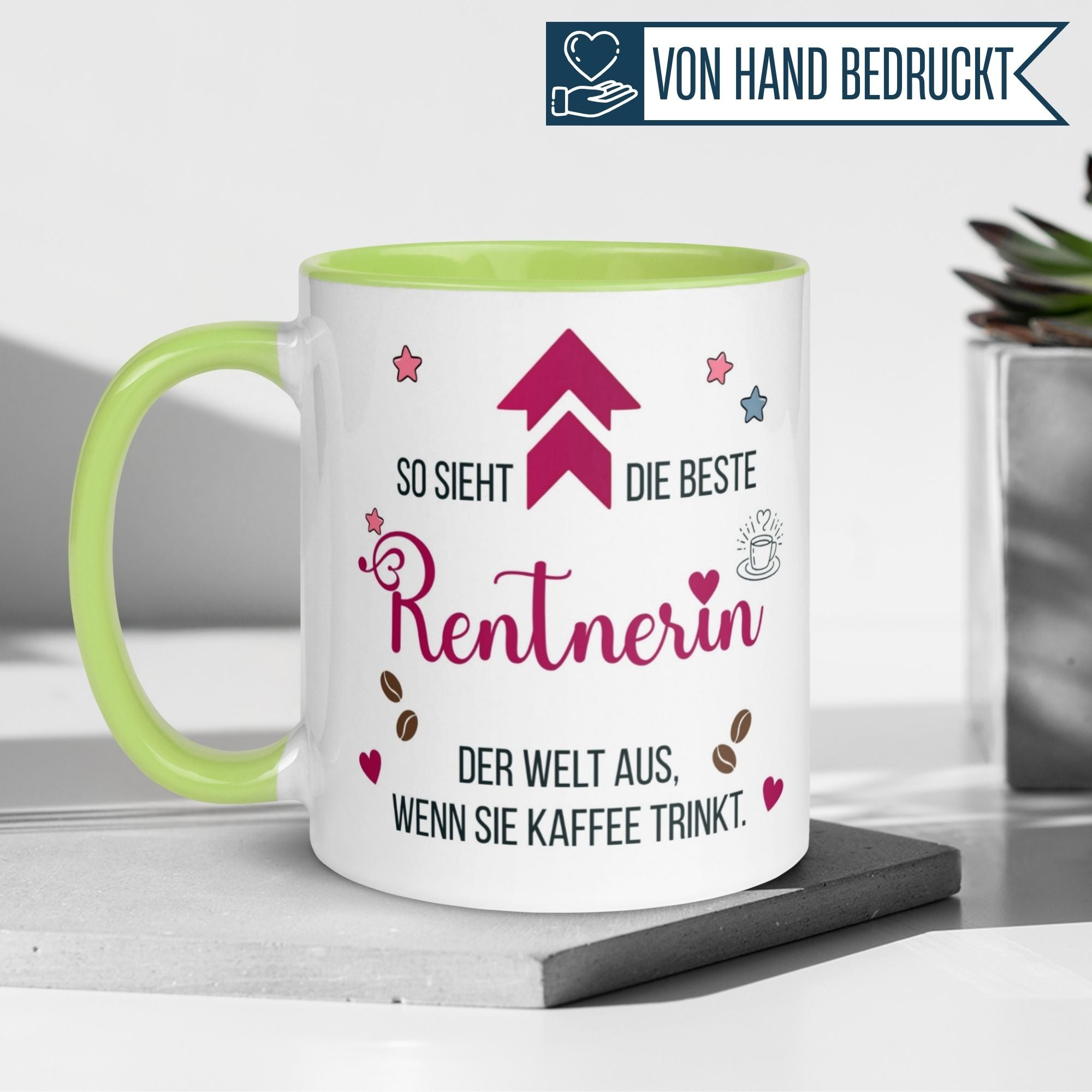 Momentals Tasse für Rentnerinnen mit buntem Design und Spruch zum Kaffeetrinken, ideales Geschenk zur Pensionierung.
