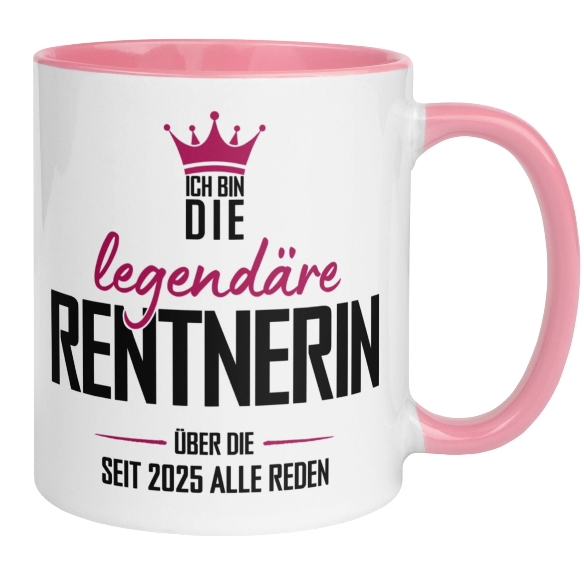 Momentals® Tasse für Rentnerin mit der Aufschrift "legendäre Rentnerin seit 2025" und Krone.