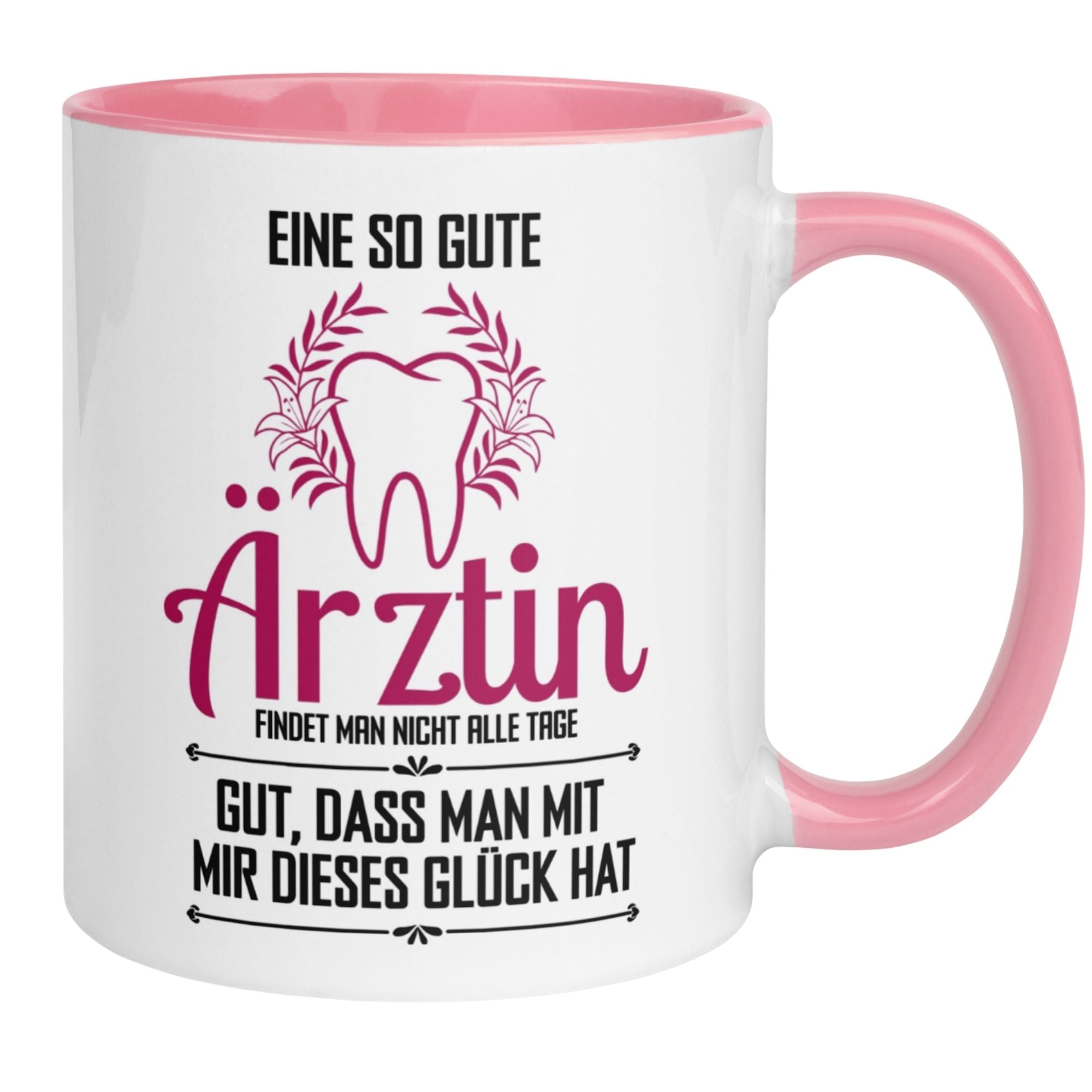 Momentals Tasse für Zahnärztin mit Zahn-Motiv und fröhlichem Spruch über gute Behandlung.